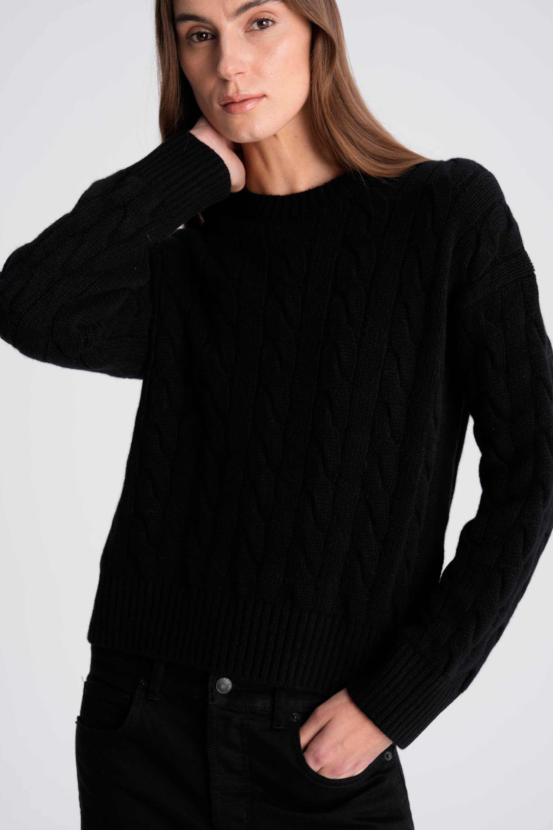 Siyah %100 Kaşmir Saç Örgülü Kazak