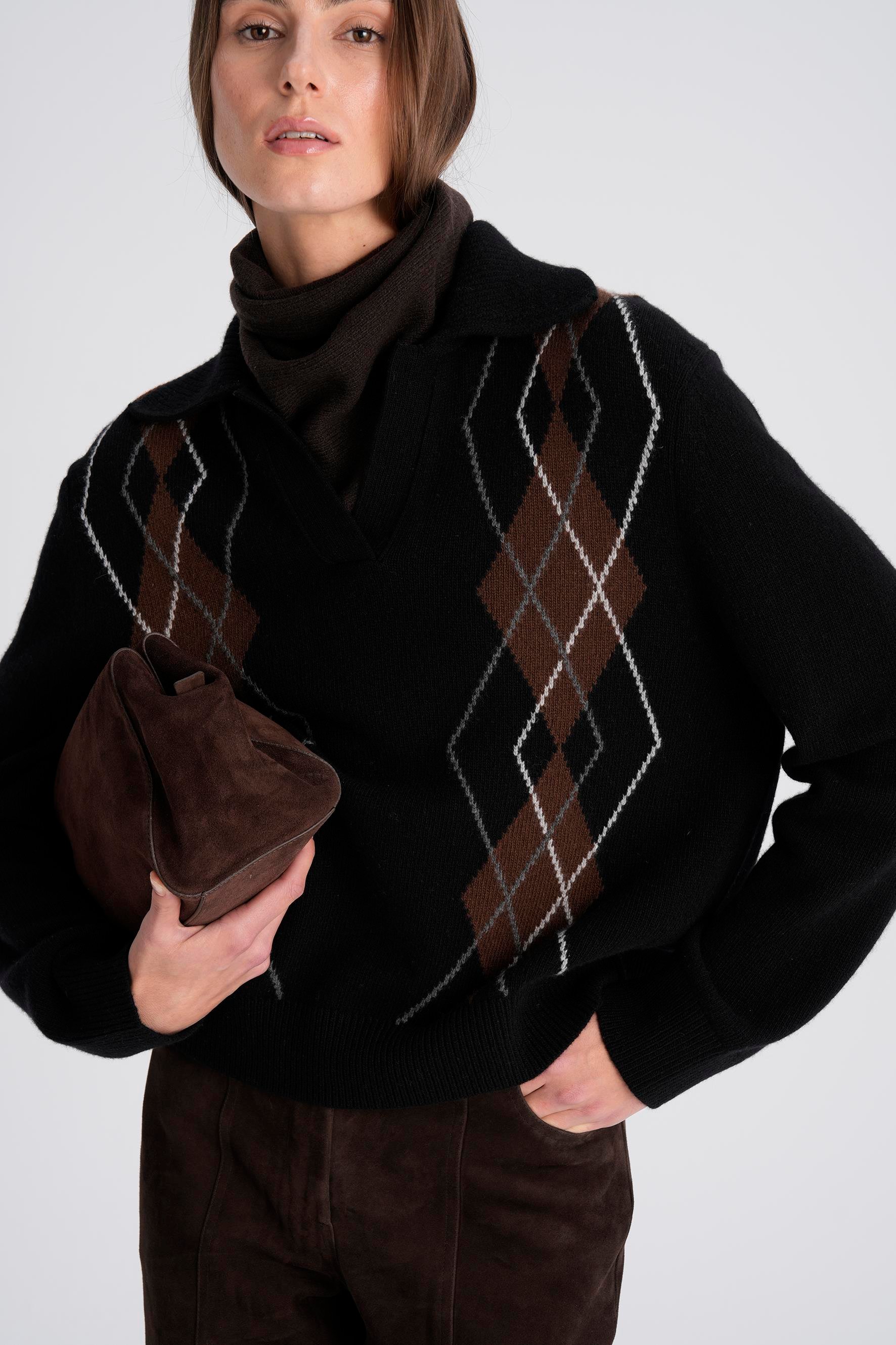 Siyah Baklava Desen Polo Yaka Kazak