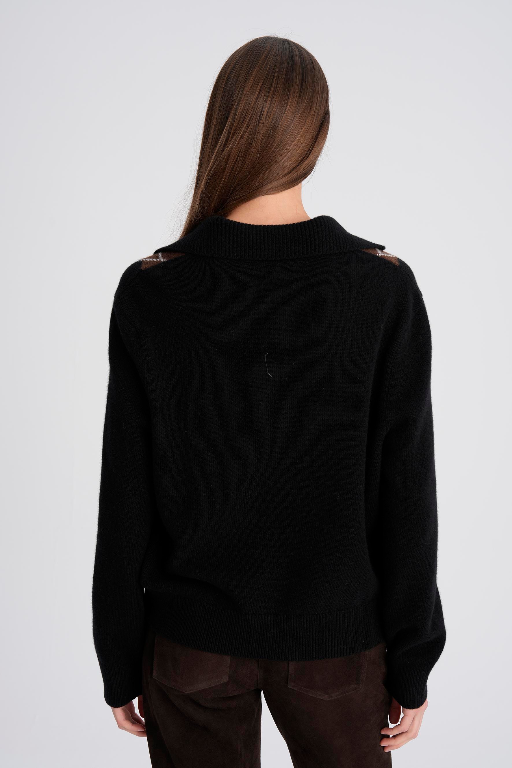 Siyah Baklava Desen Polo Yaka Kazak