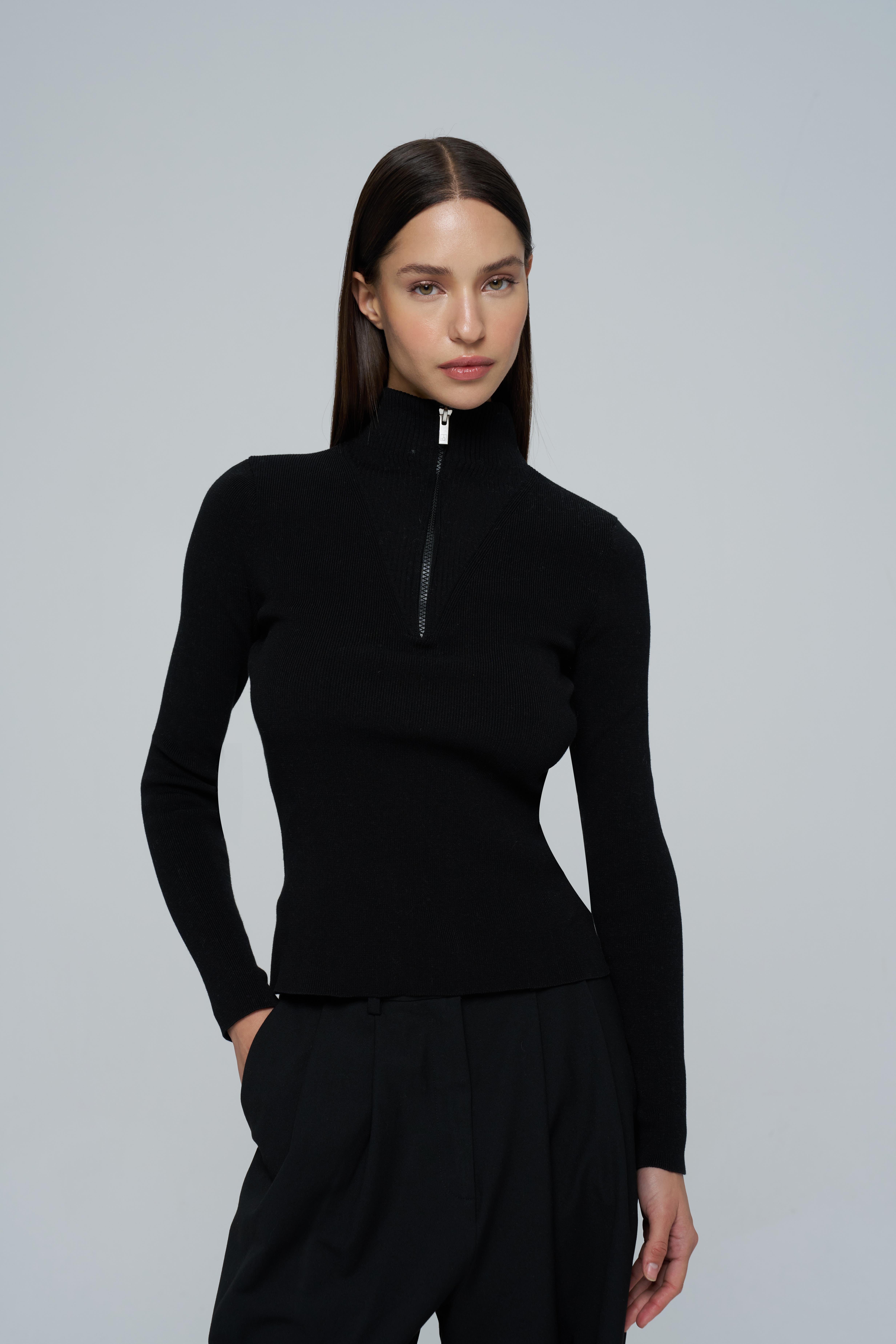 Siyah Balıkçı Yaka Fermuarlı Kazak