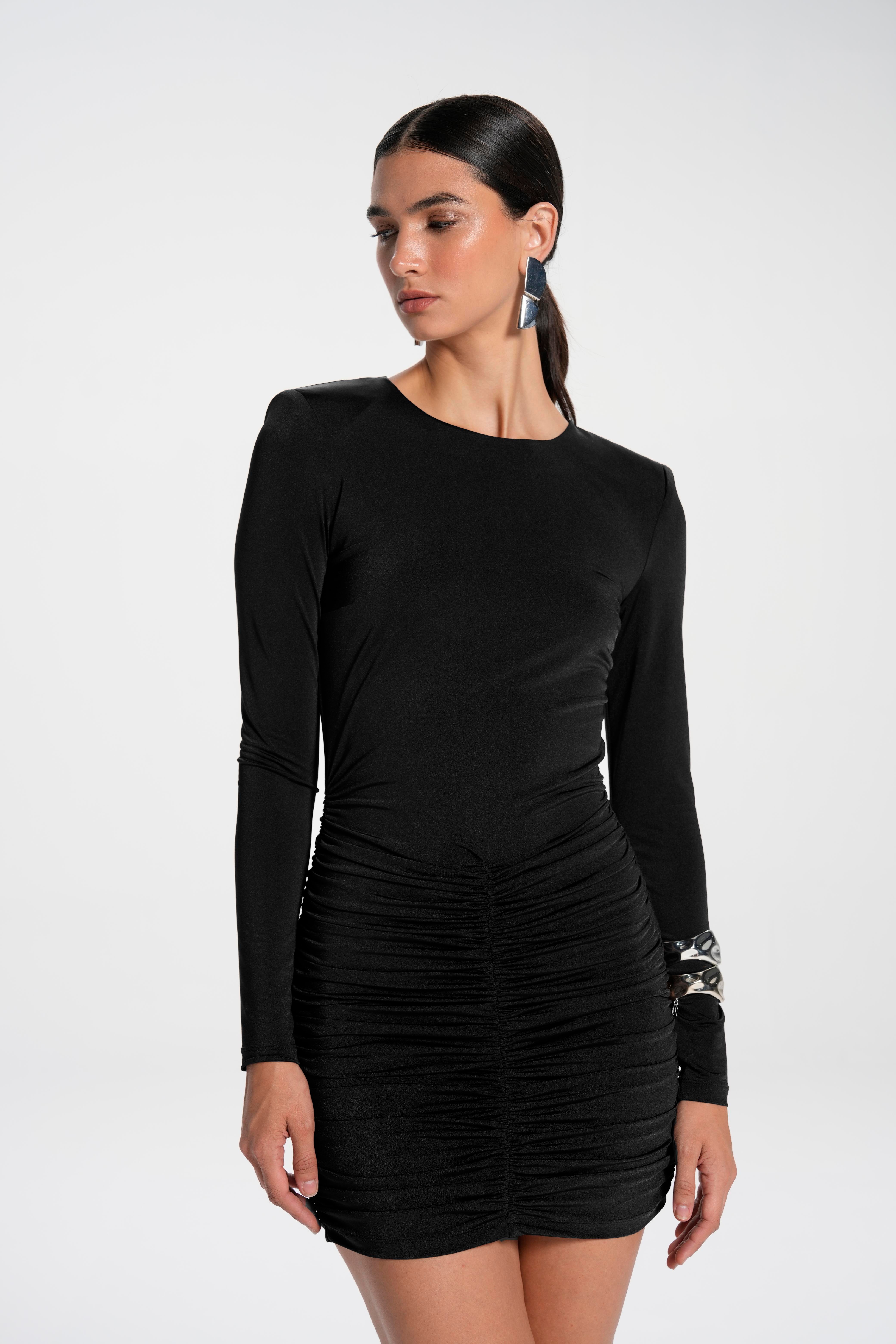 Siyah Bisiklet Yaka Drapeli Jarse Mini Elbise