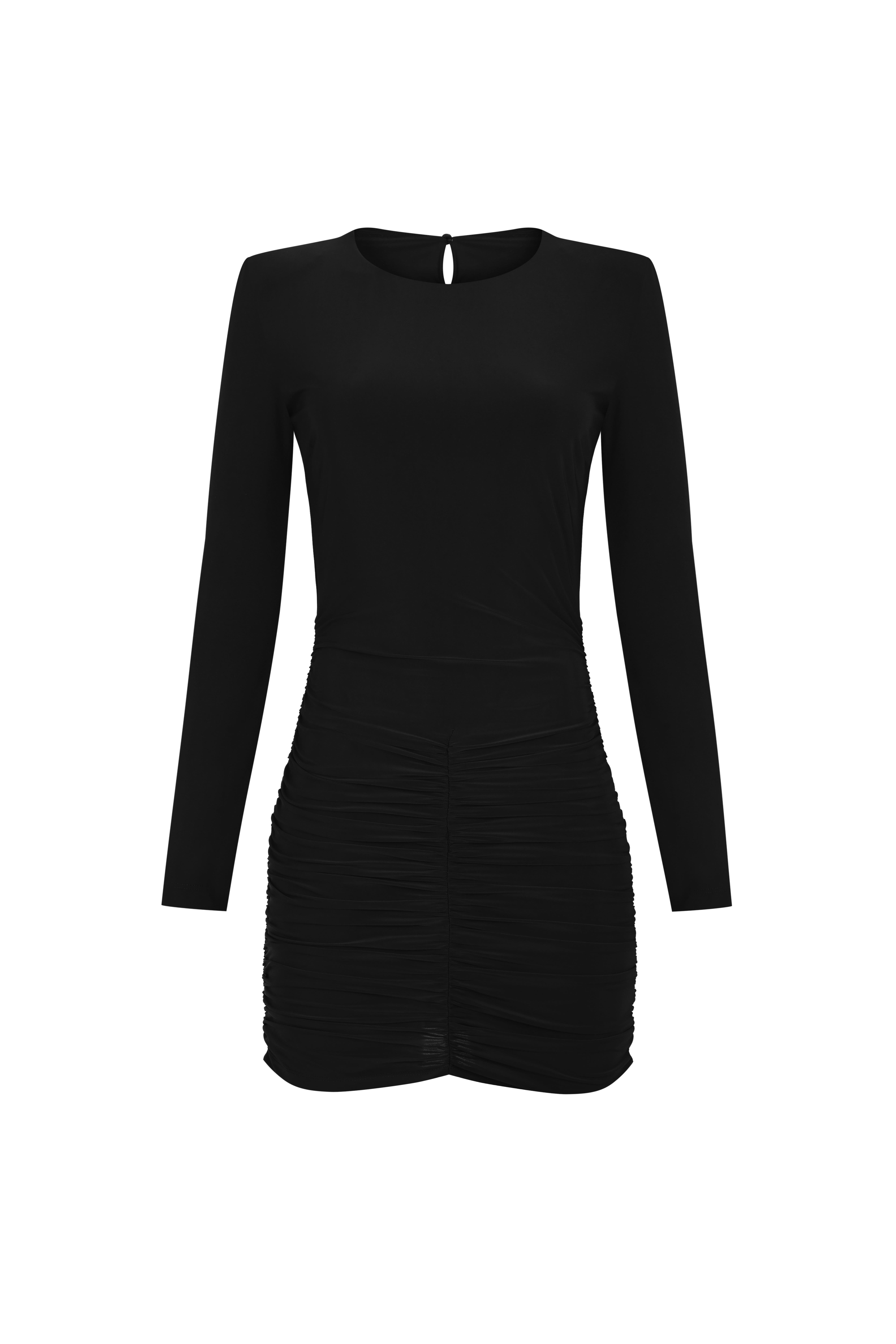 Siyah Bisiklet Yaka Drapeli Jarse Mini Elbise