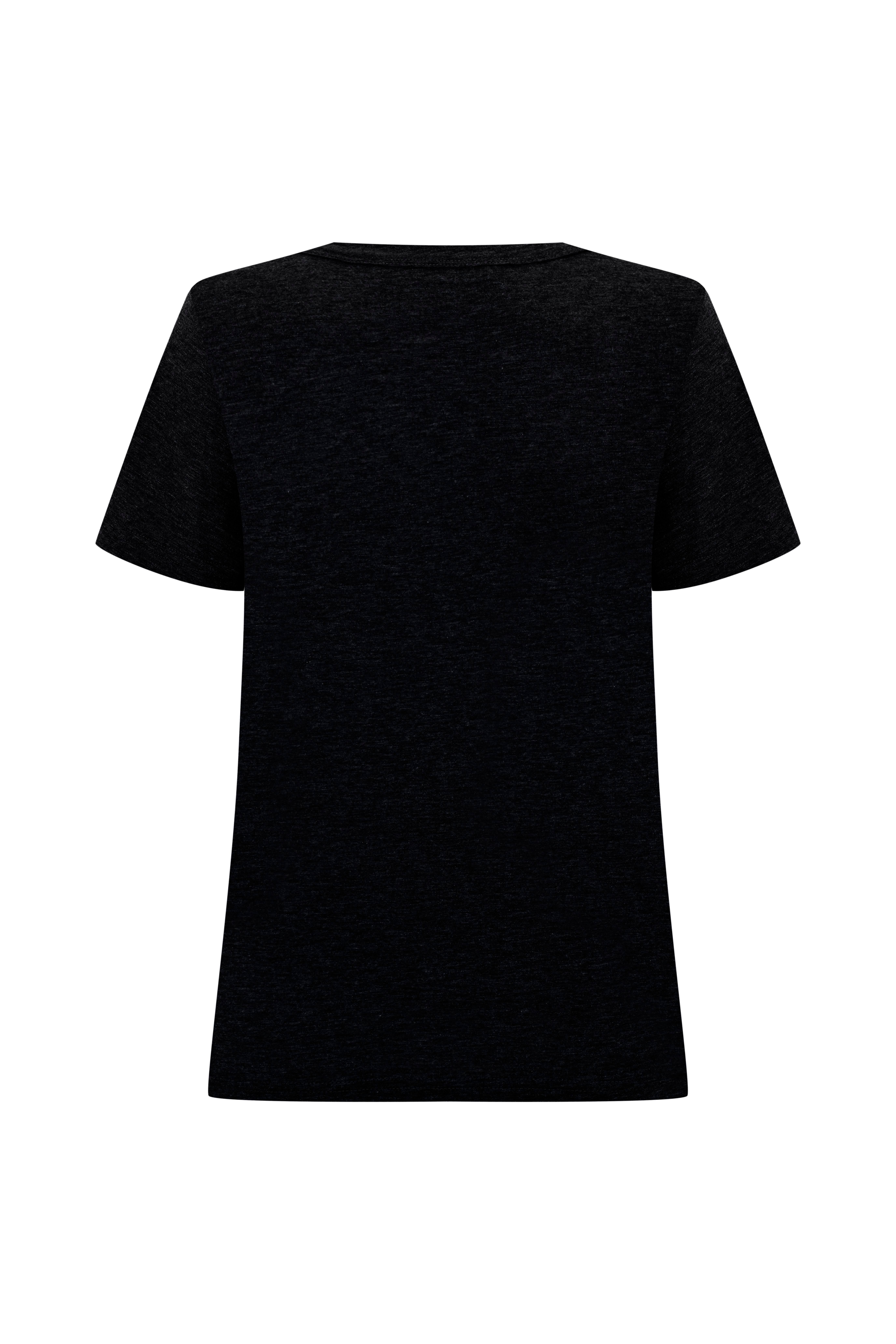 Siyah Bisiklet Yaka Flamlı Kısa Kol Tshirt