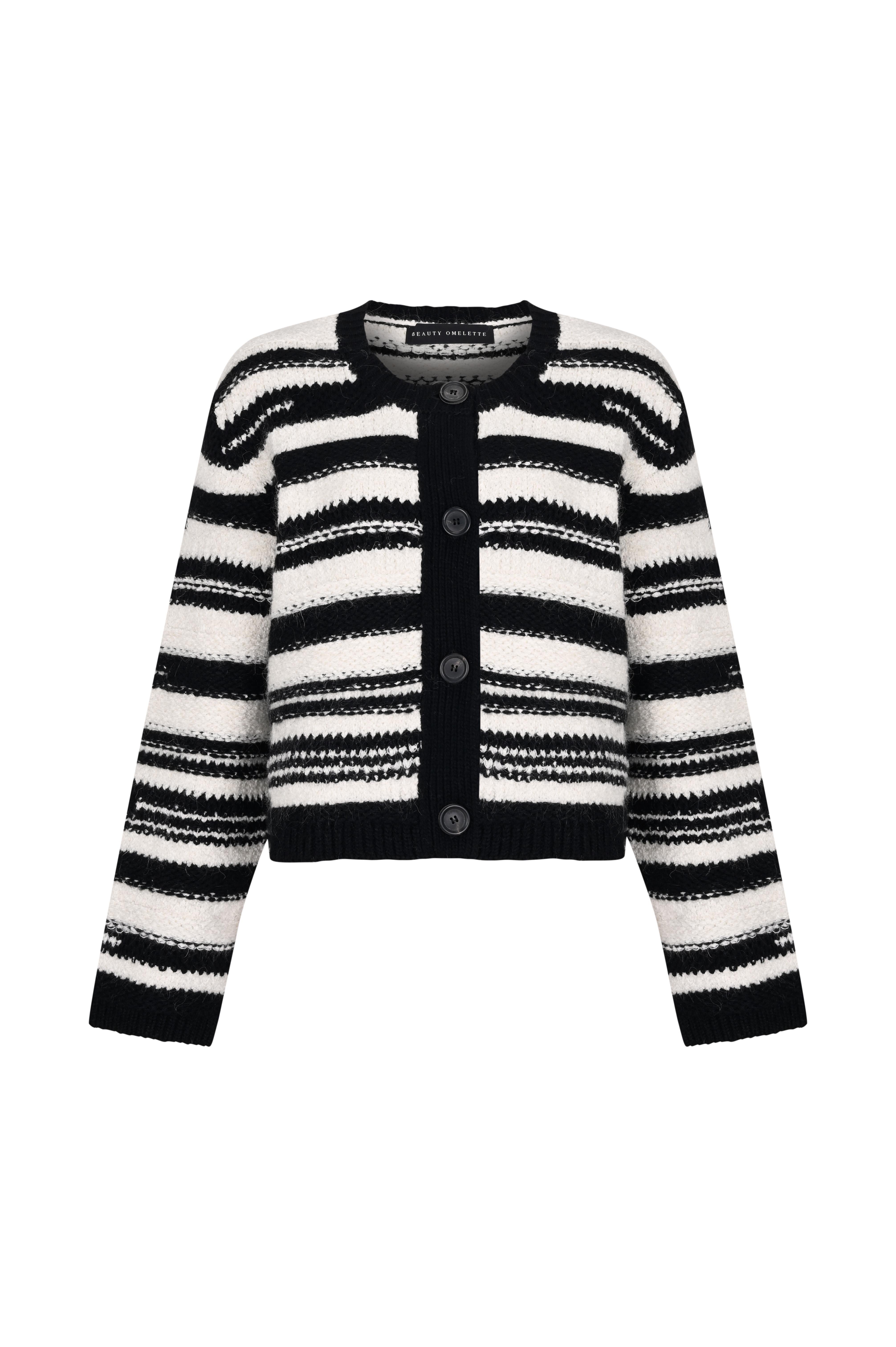 Siyah Çizgili Yün Buklet Düğmeli Hırka