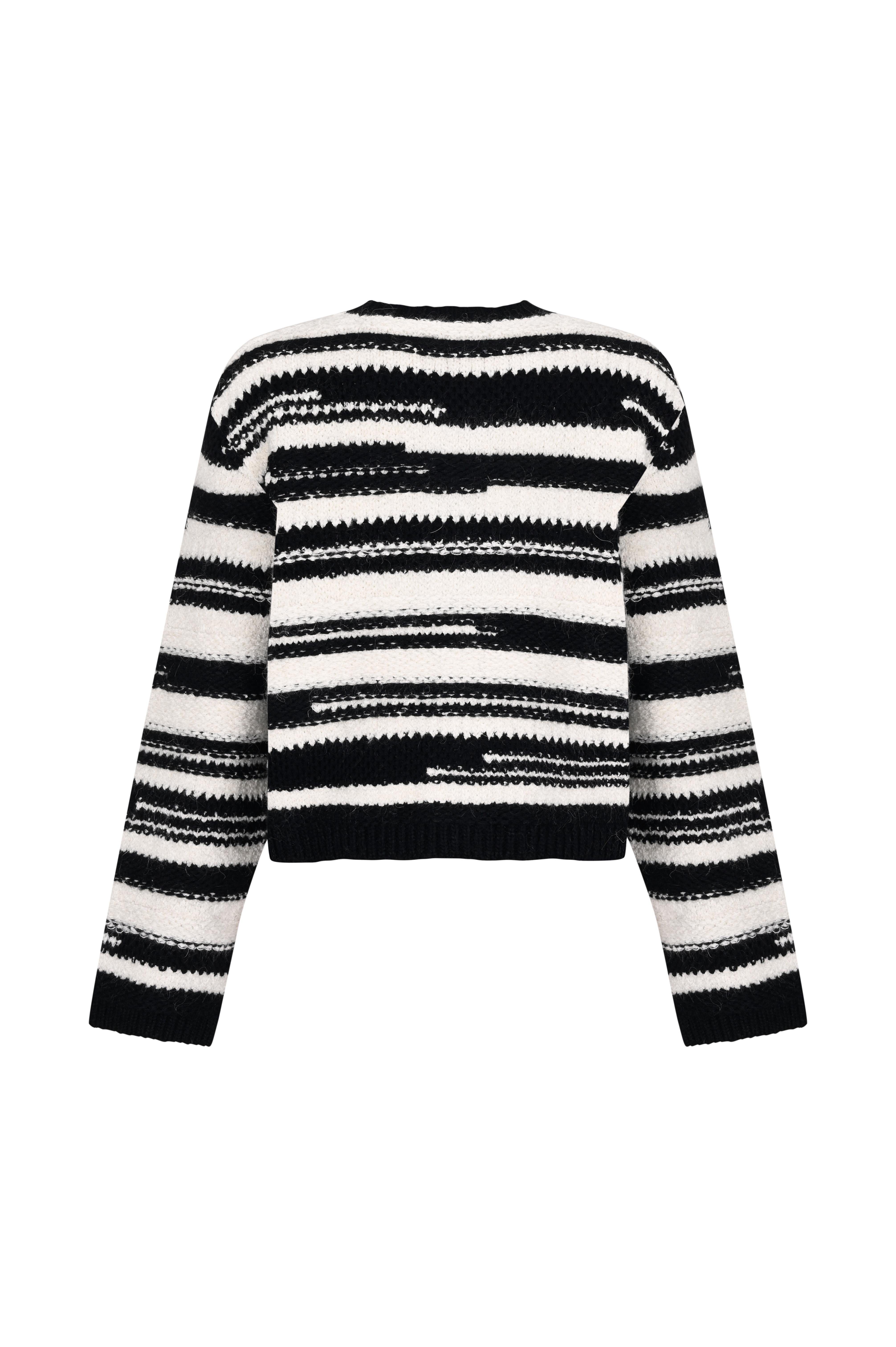 Siyah Çizgili Yün Buklet Düğmeli Hırka