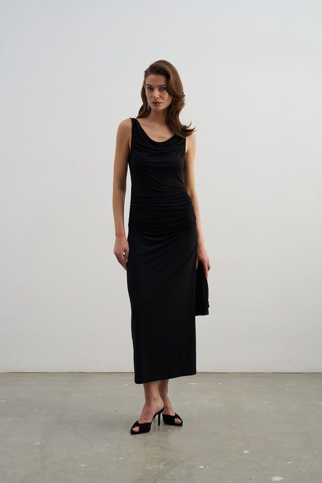 Siyah Degaje Yaka Drapeli Jarse Elbise