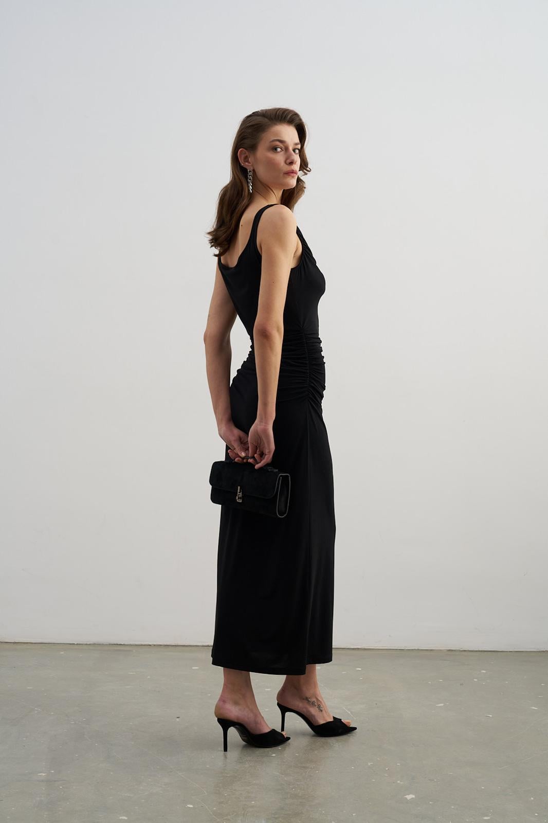 Siyah Degaje Yaka Drapeli Jarse Elbise