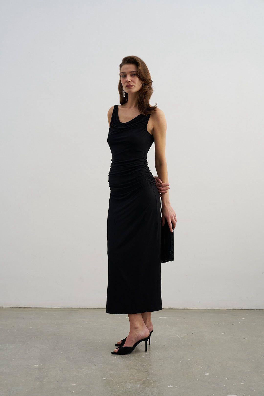 Siyah Degaje Yaka Drapeli Jarse Elbise