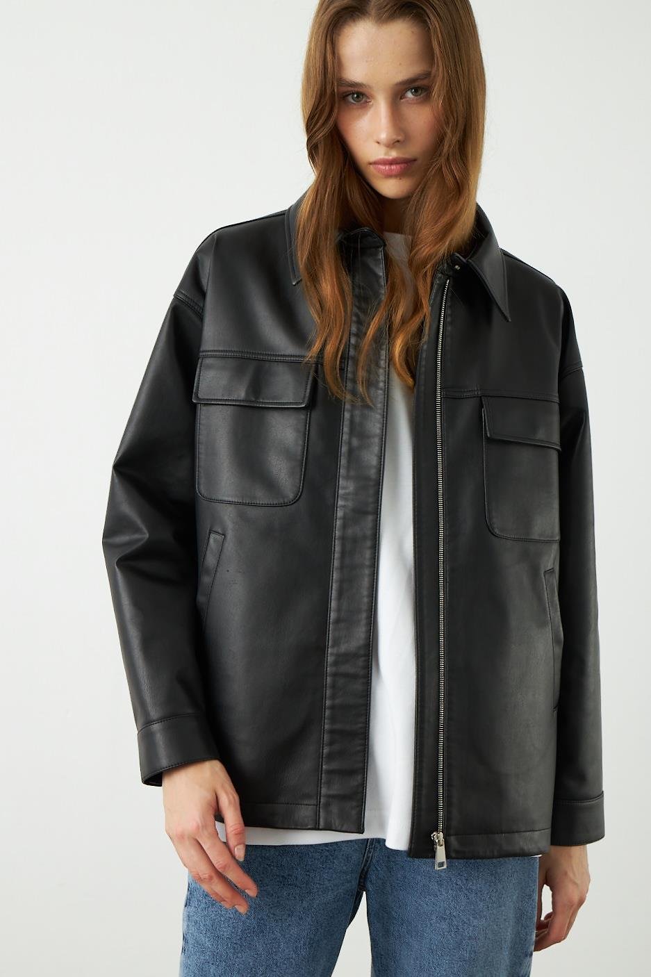 Siyah Deri Görünümlü Gömlek Ceket - Exclusive Collection