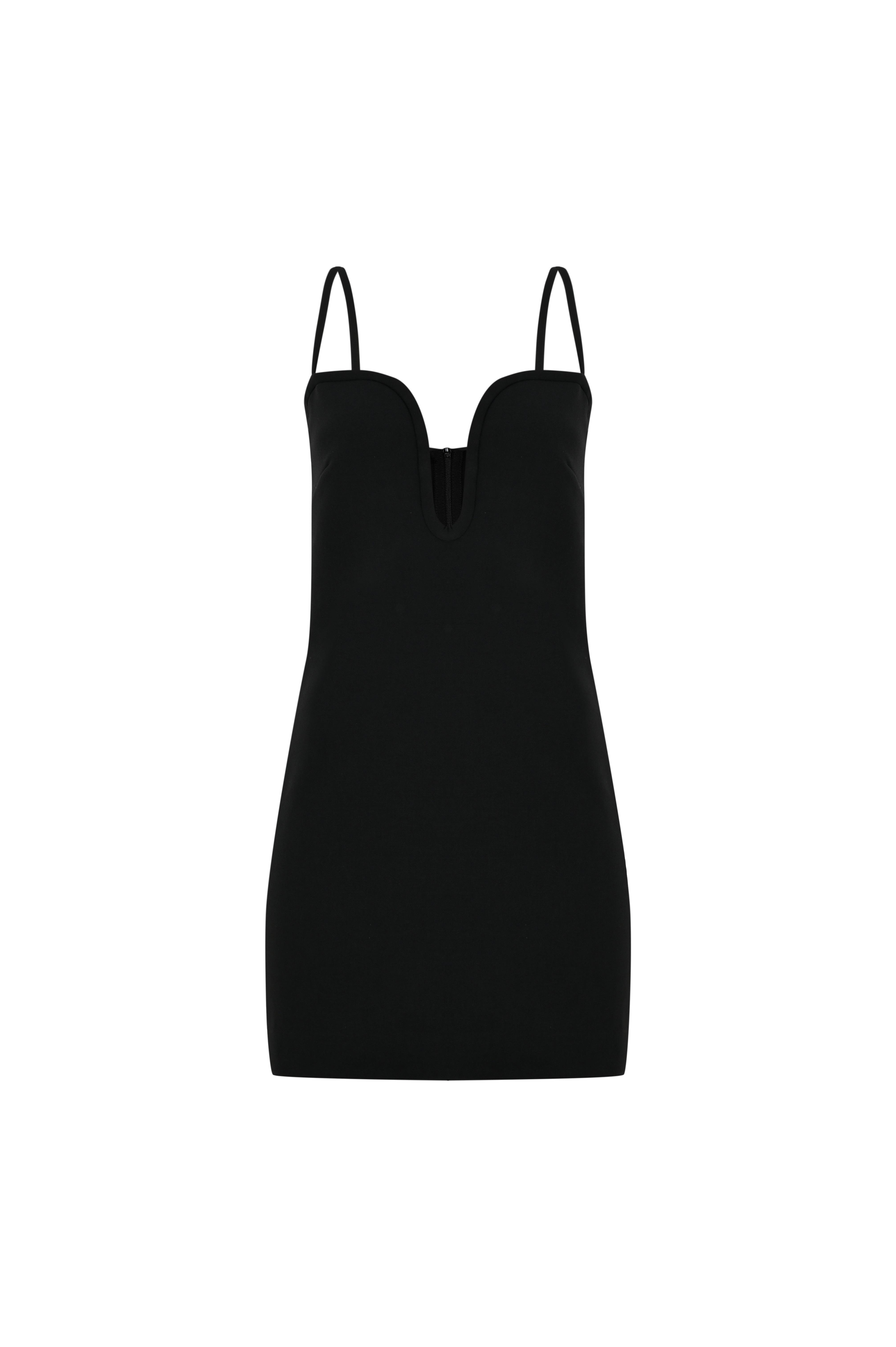 Siyah Derin Kalp Yaka Askılı Mini Krep Elbise