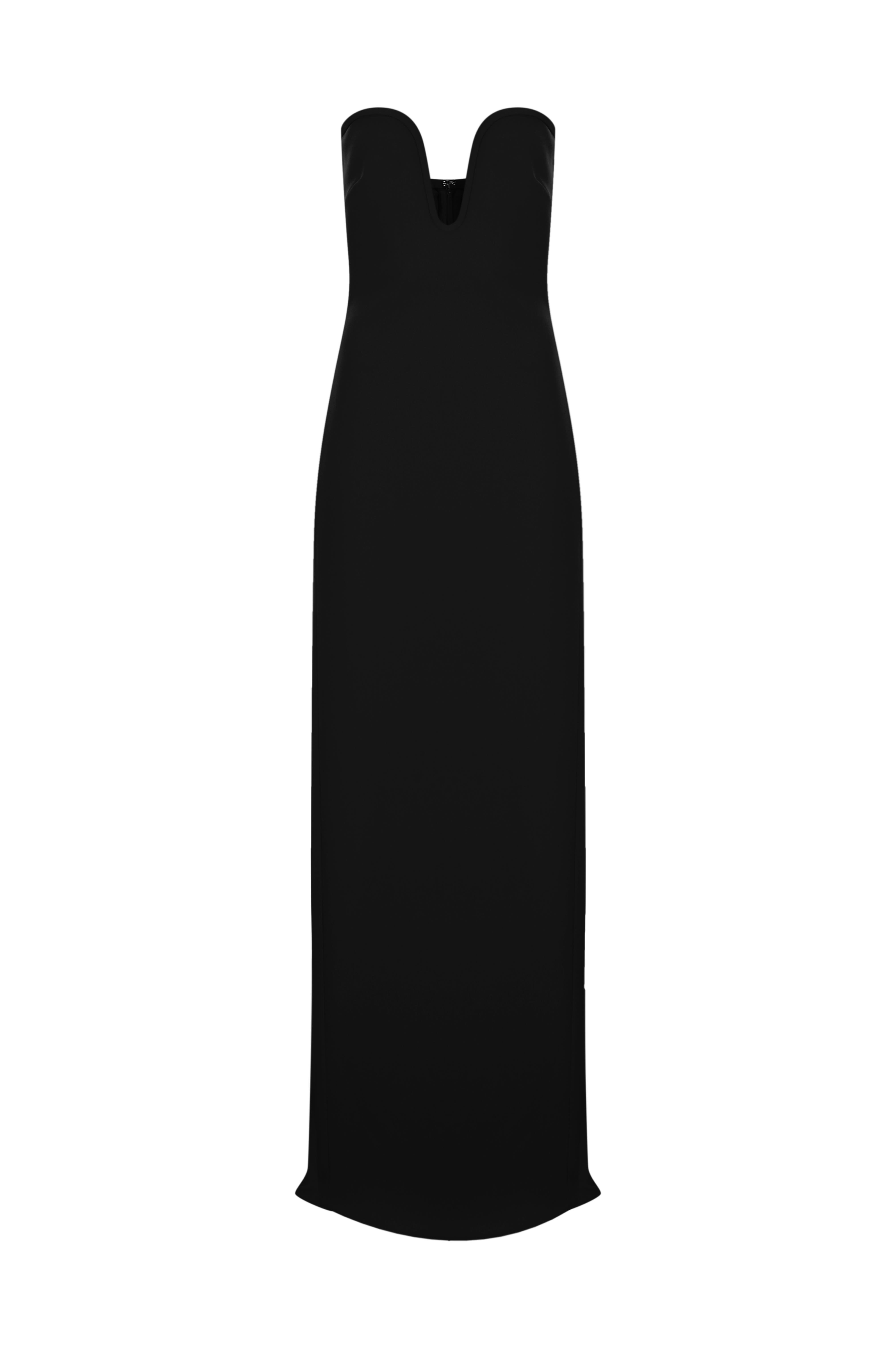 Siyah Derin Kalp Yaka Straplez Uzun Krep Elbise