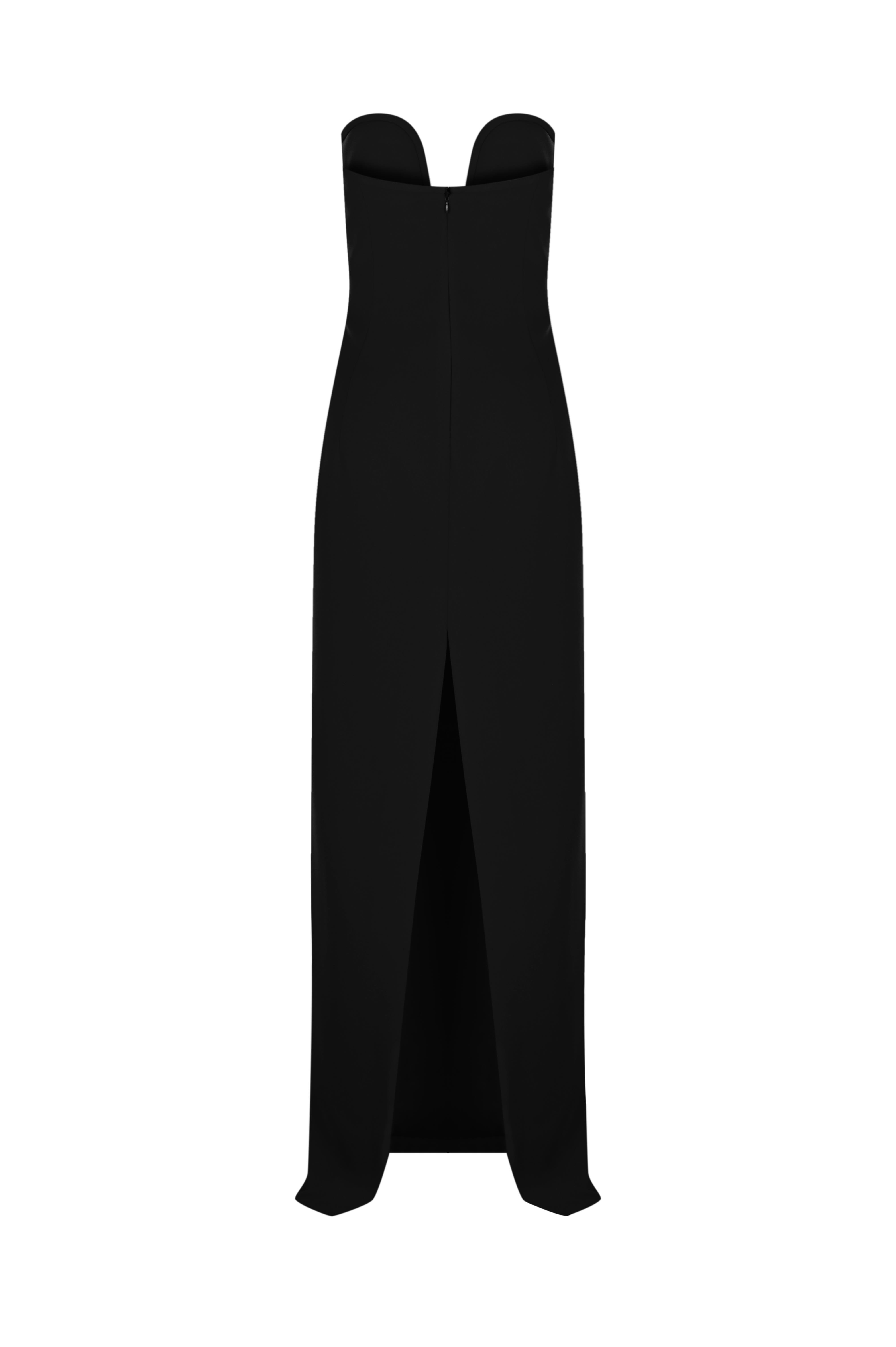 Siyah Derin Kalp Yaka Straplez Uzun Krep Elbise