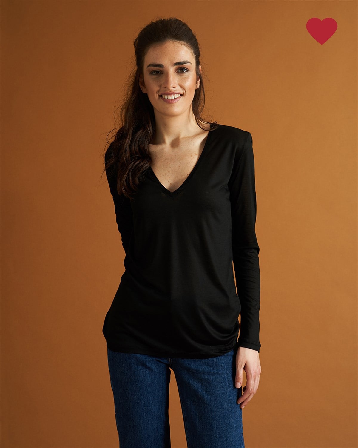 Siyah Derin V Yaka Uzun Kollu T-shirt