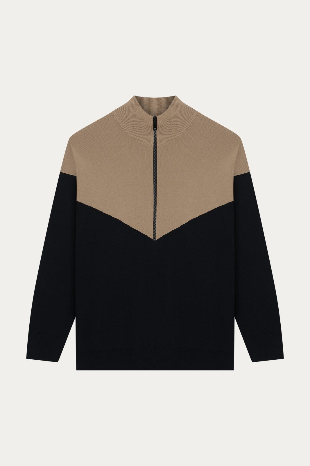 Siyah Dik Yaka Fermuarlı Colorblock Triko Sweat