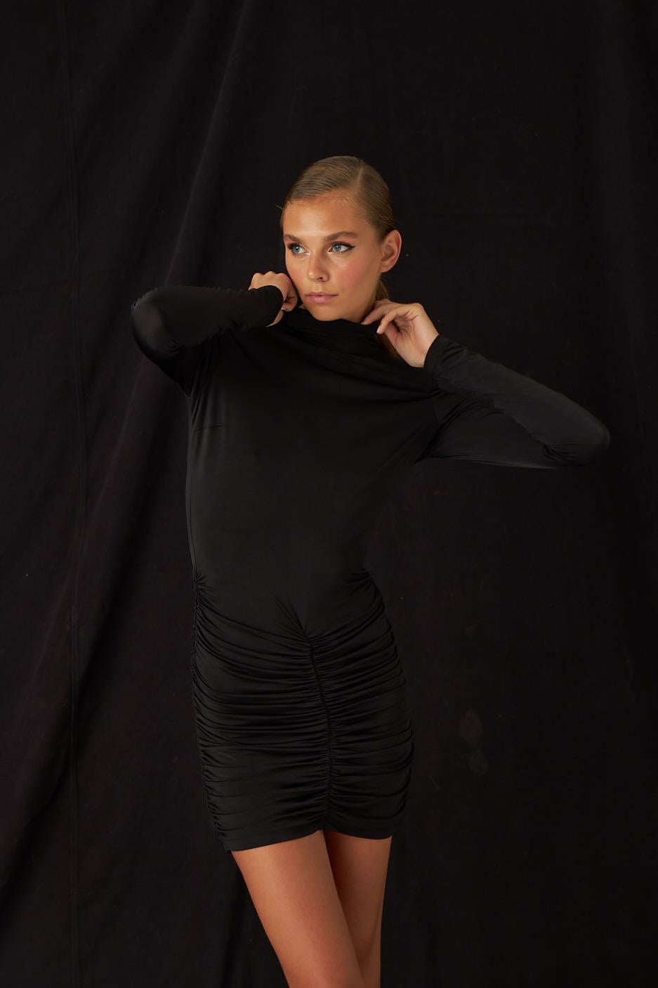 Siyah Drapeli Mini Jarse Elbise - Exclusive Collectıon