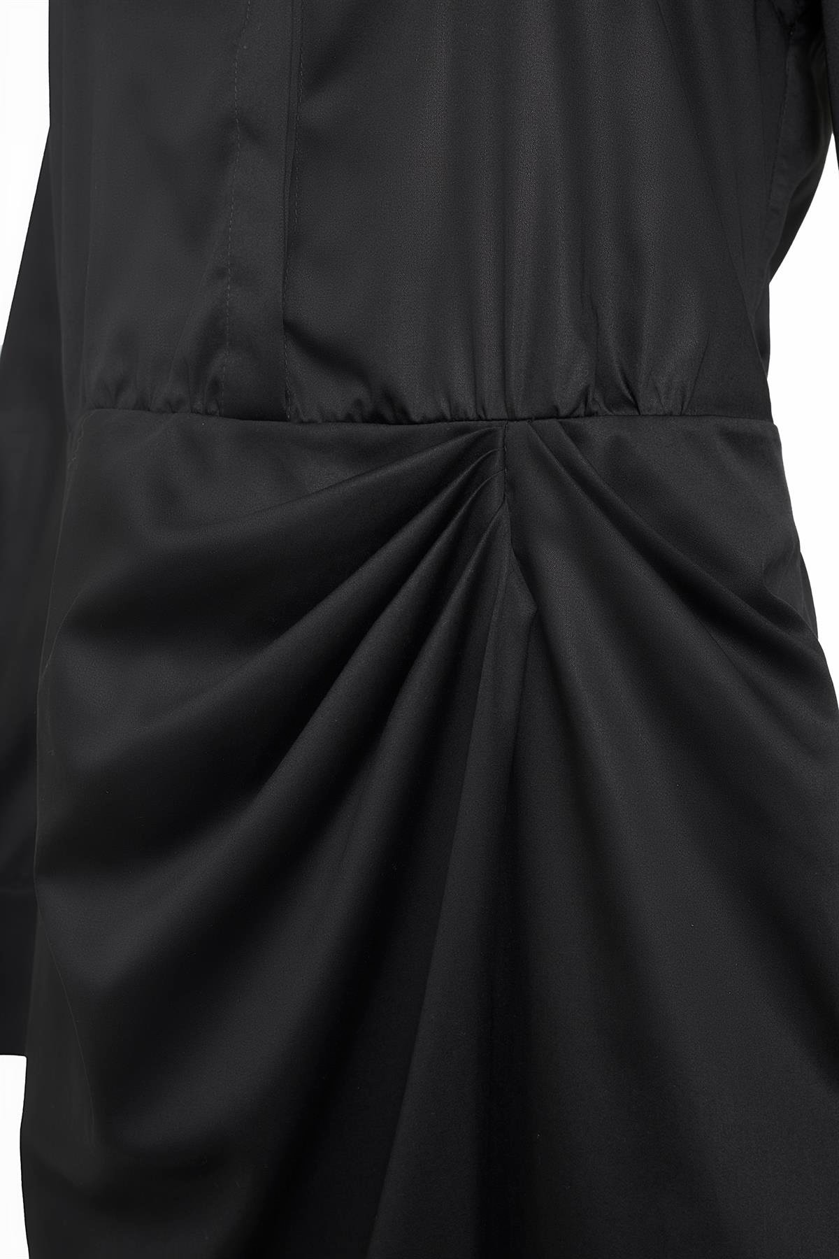 Siyah Drapeli Poplin Mini Gömlek Elbise