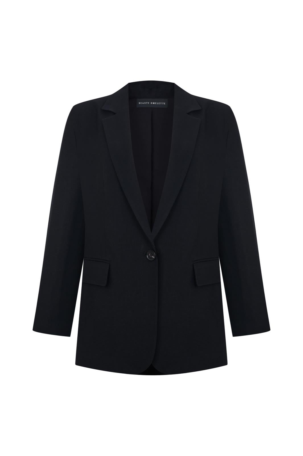 Siyah Düz Kesim Keten Blazer Ceket