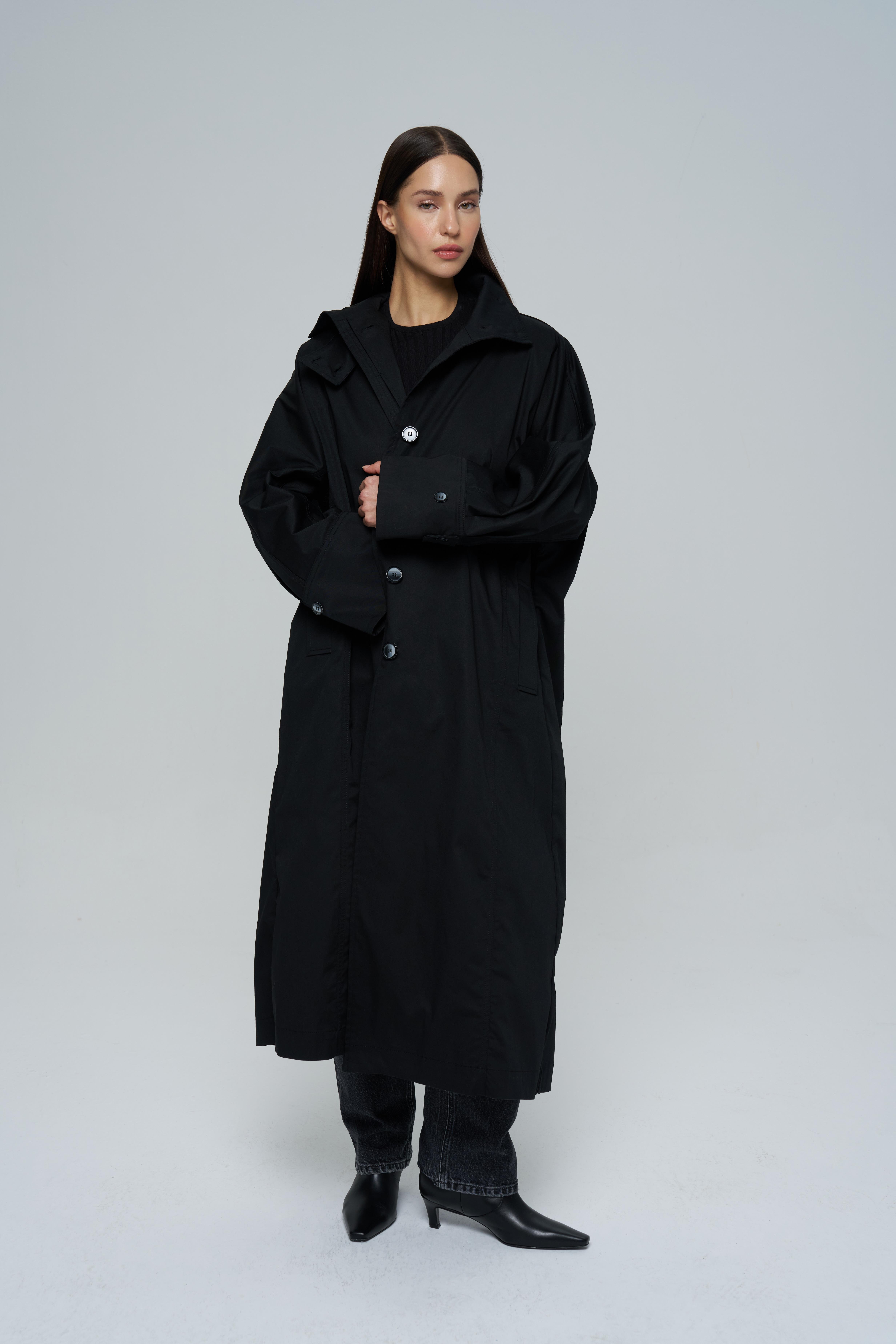 Siyah Gabardin Oversize Trenchcoat