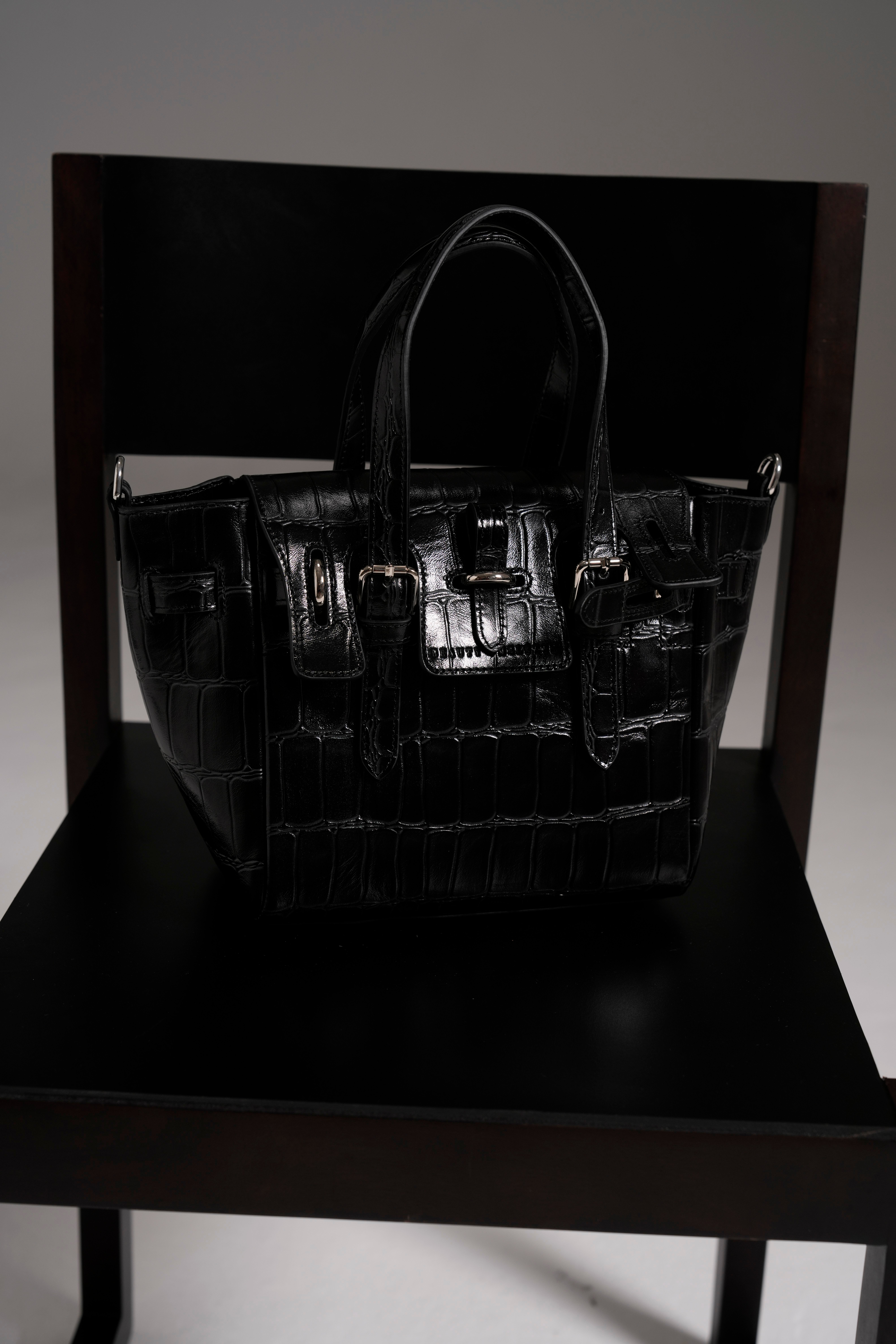 Siyah Gabrielle Kroko Desenli Deri Mini Bag Silver