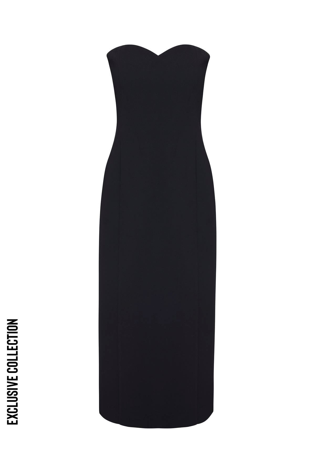Siyah Kalp Yaka Krep Midi Elbise - Exclusive Collection