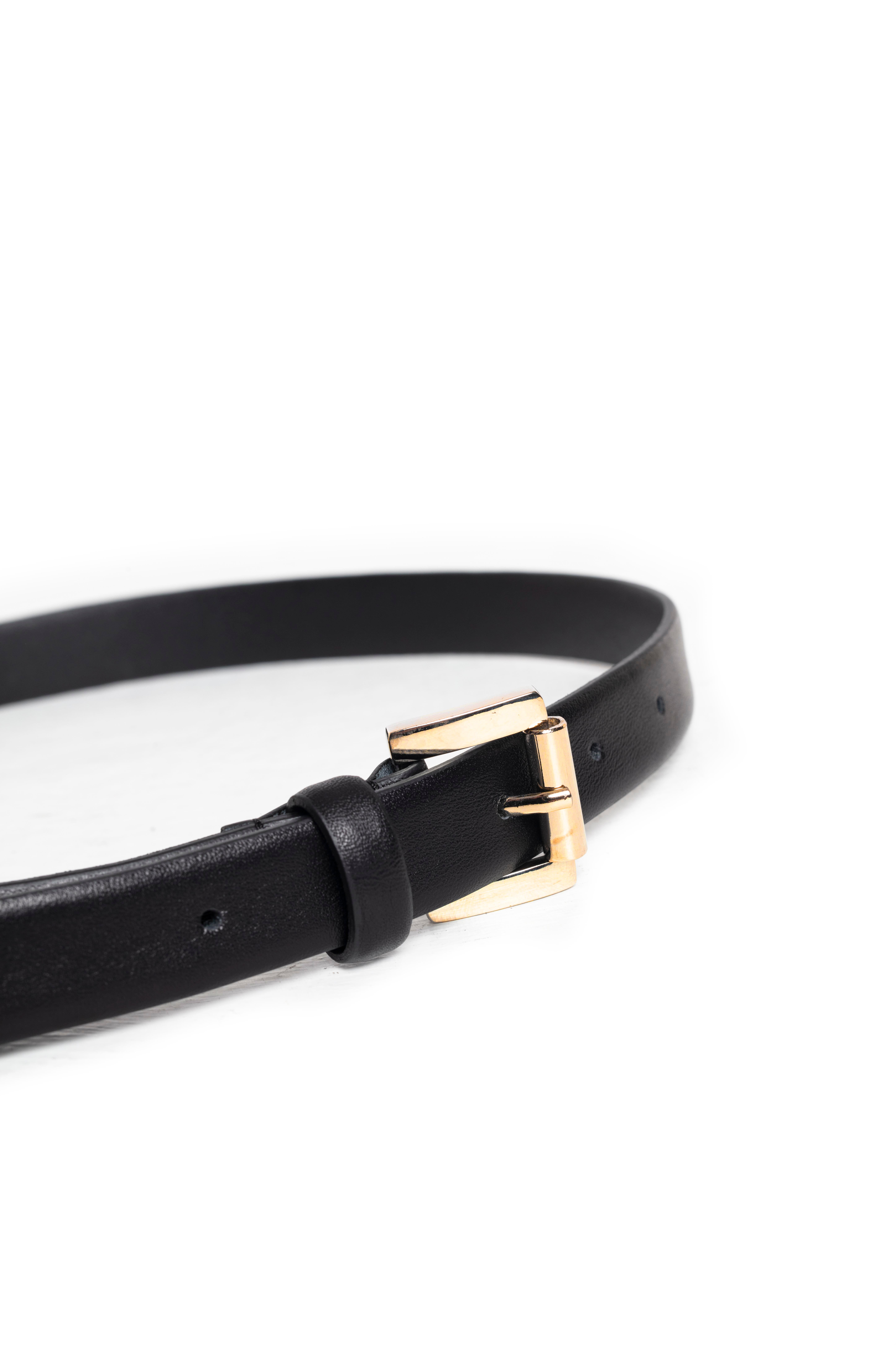 Siyah Kare Gold Tokalı Deri İnce Kemer