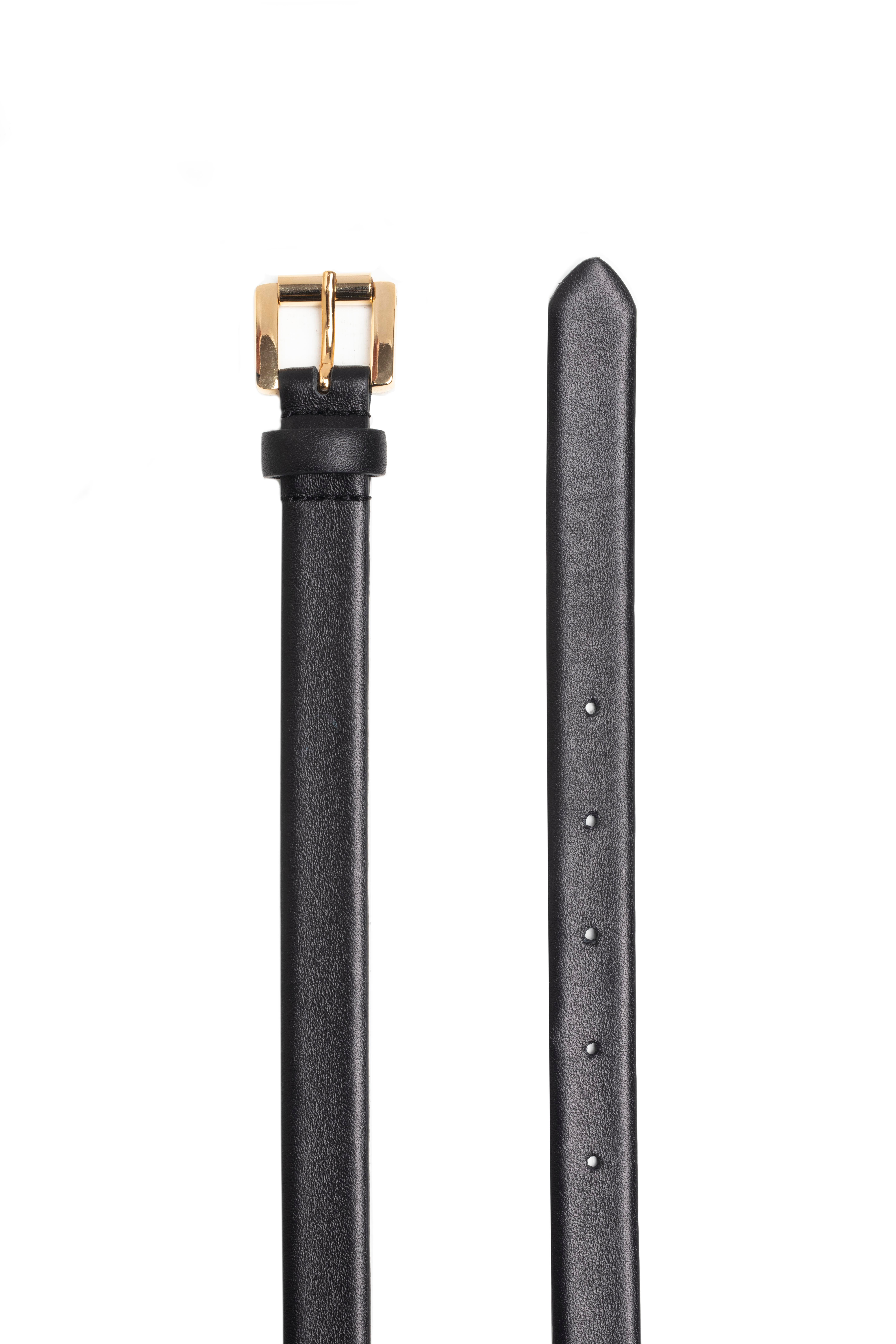 Siyah Kare Gold Tokalı Deri İnce Kemer