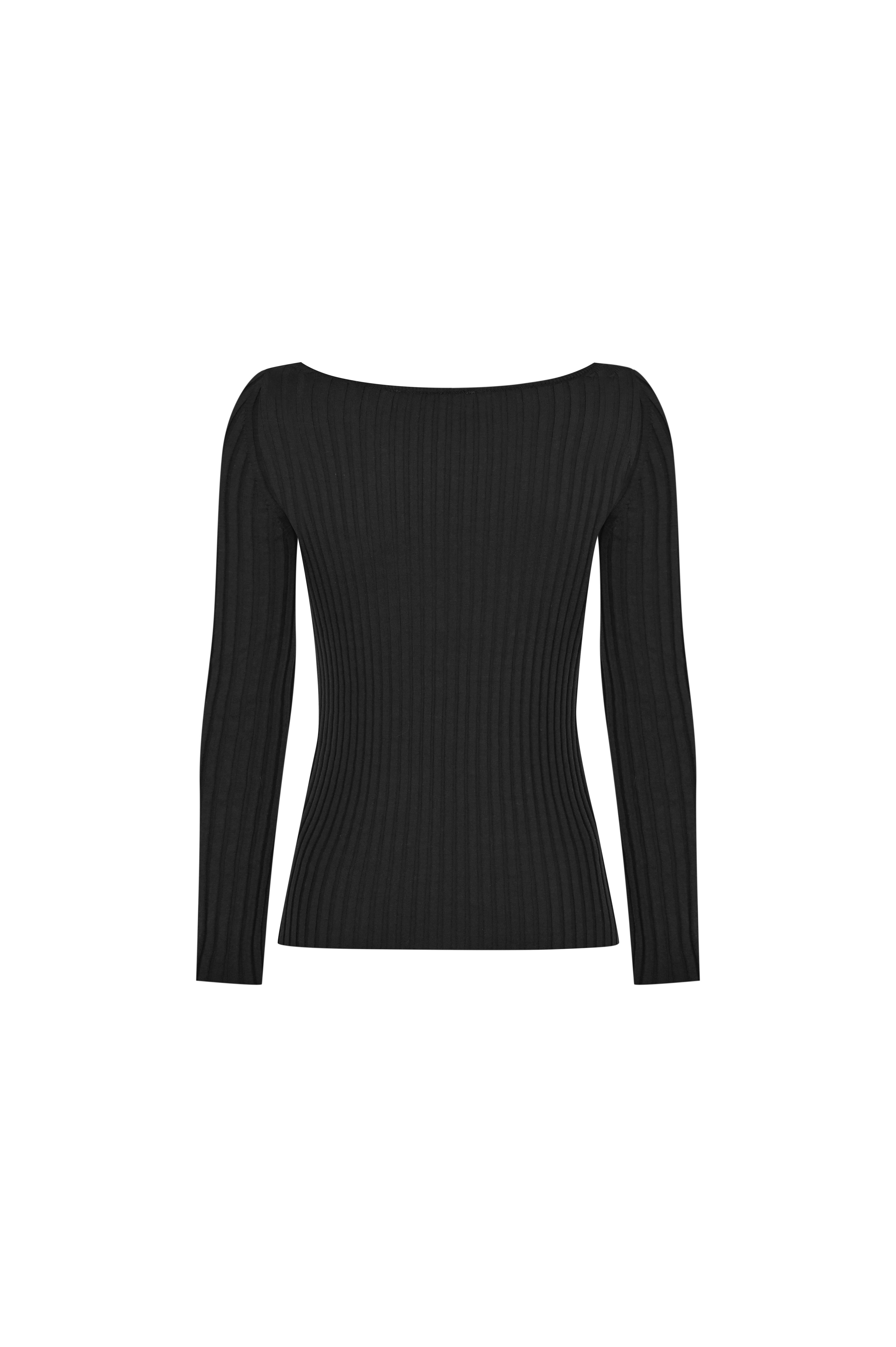 Siyah Kayık Yaka Ribli Triko Kazak