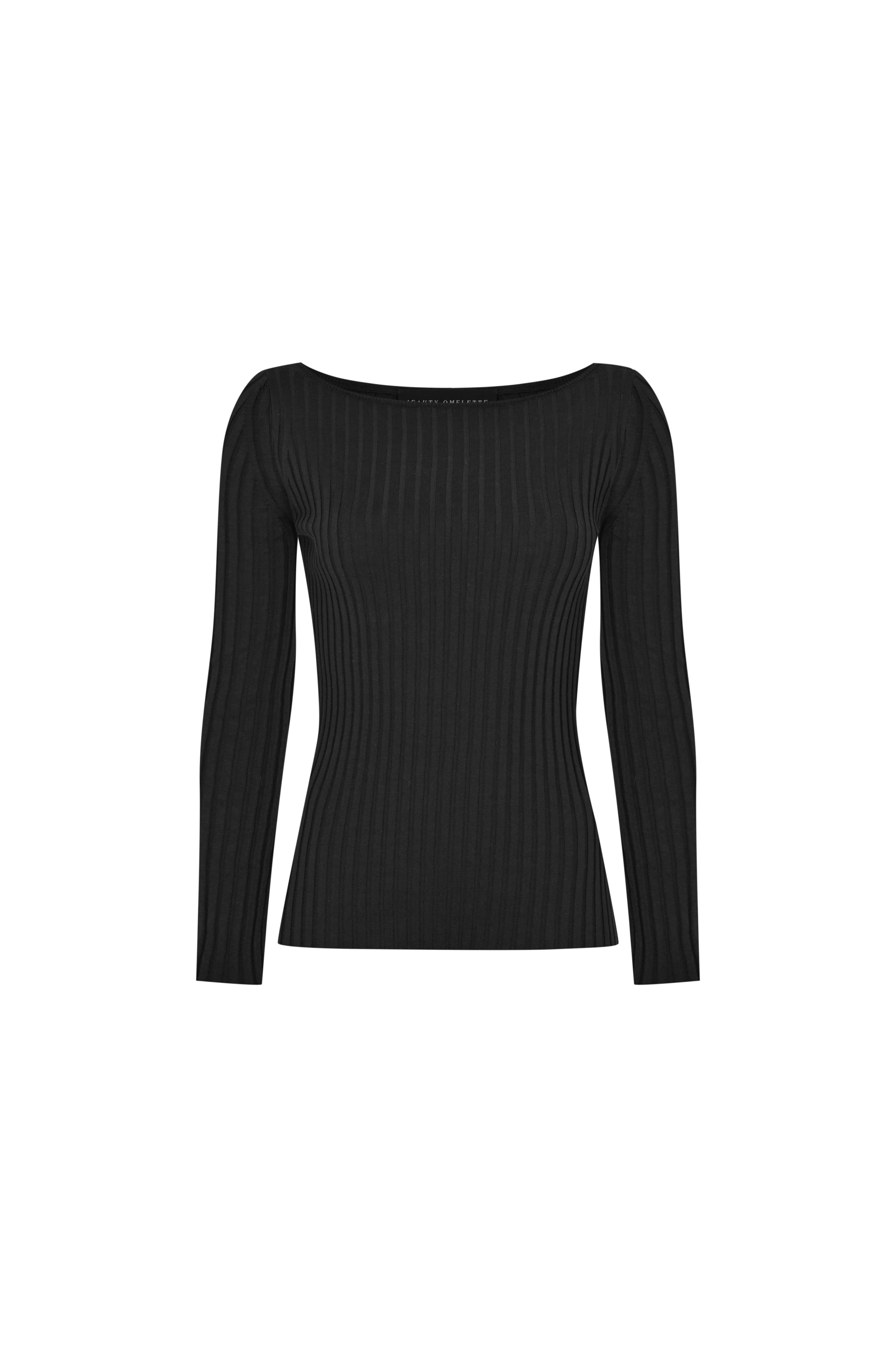 Siyah Kayık Yaka Ribli Triko Kazak