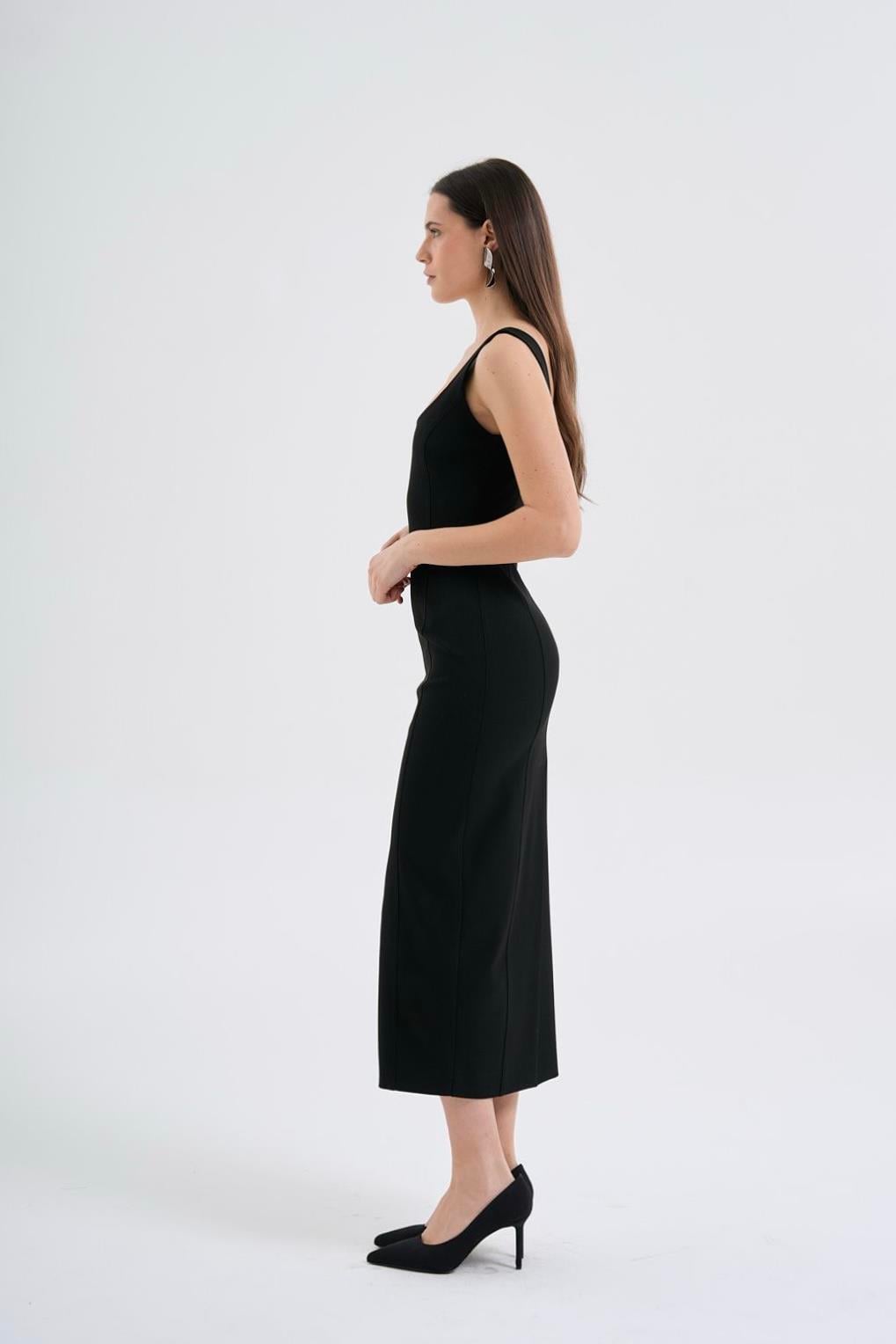 Siyah Klasik Midi Elbise