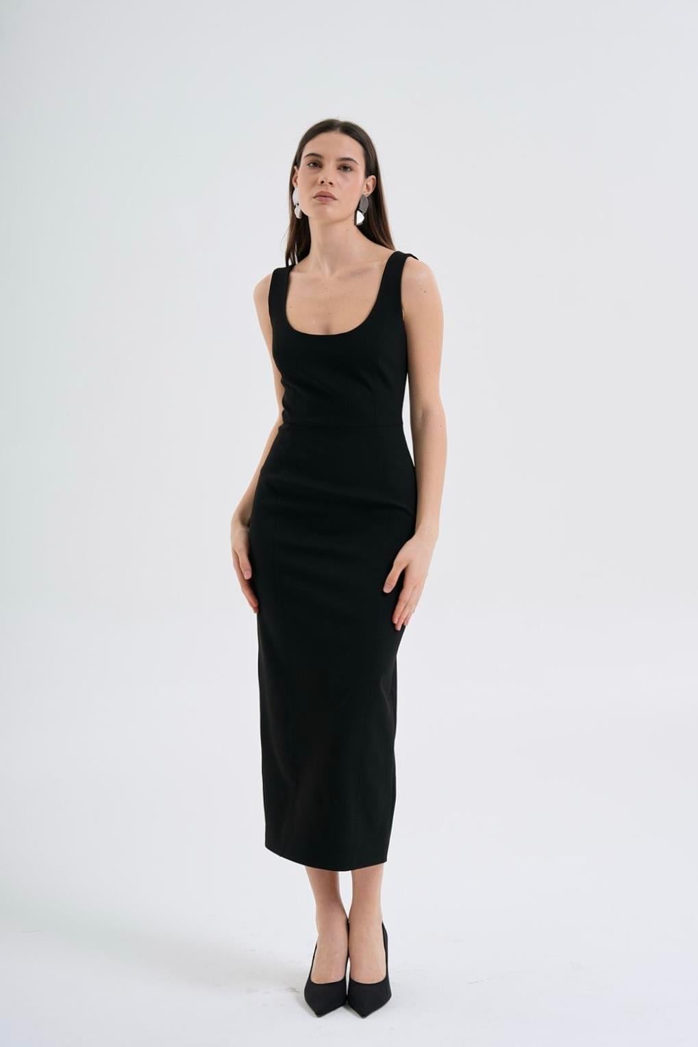 Siyah Klasik Midi Elbise