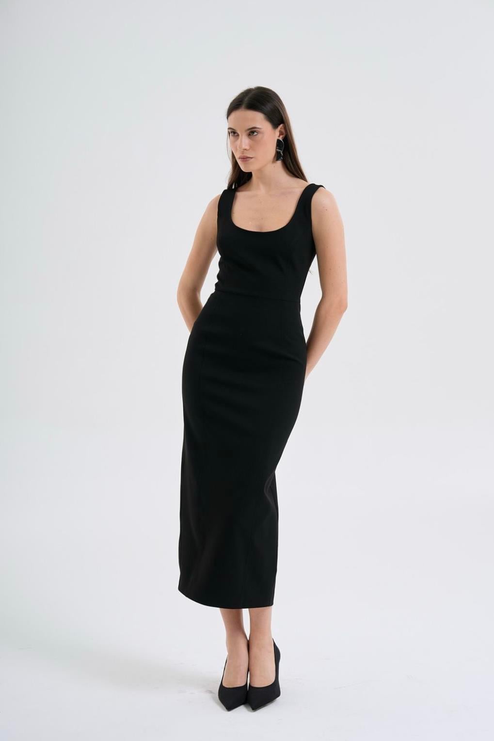 Siyah Klasik Midi Elbise