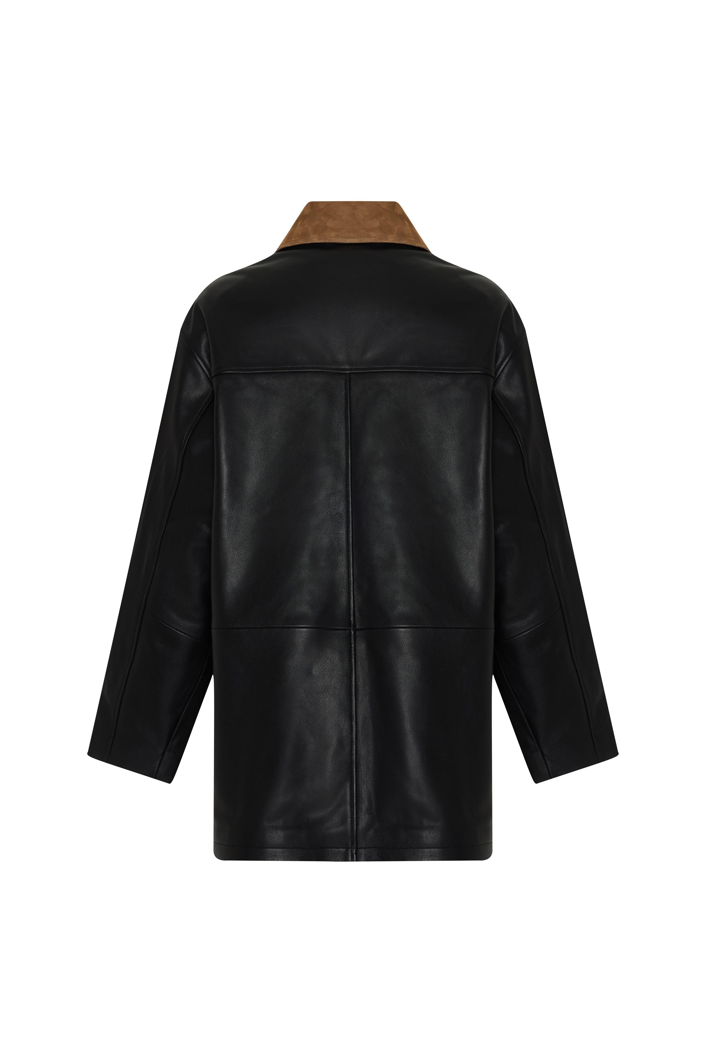 Siyah Kontrast Yaka Detaylı Deri Midi Ceket