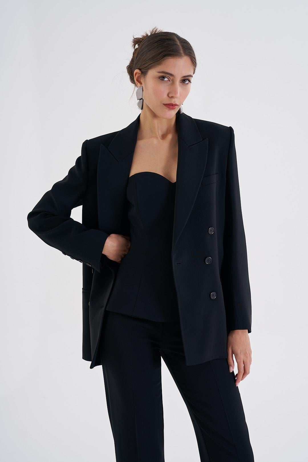 Siyah Kruvaze Yaka Blazer