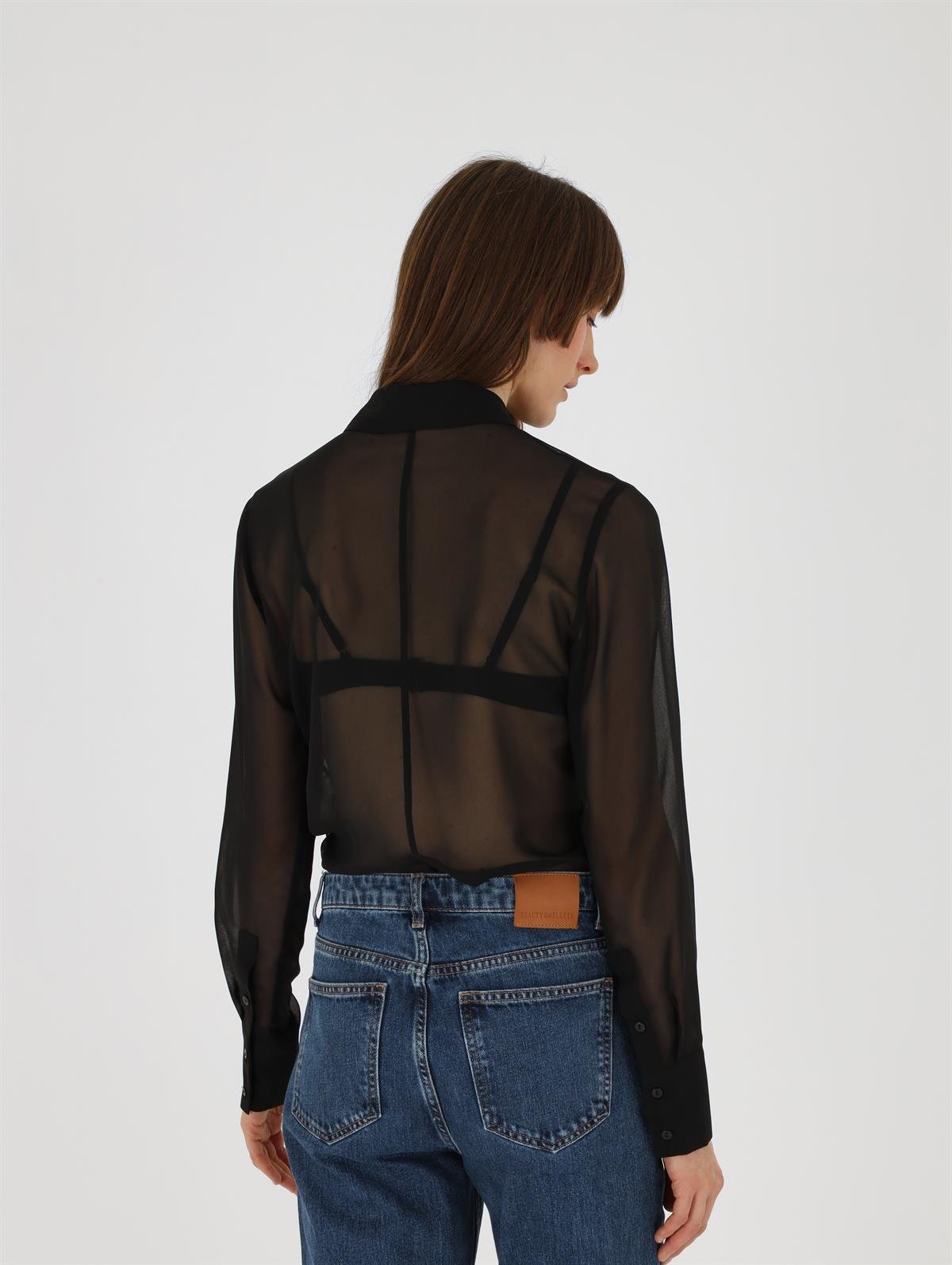 Siyah Manşet Detaylı Şifon Gömlek