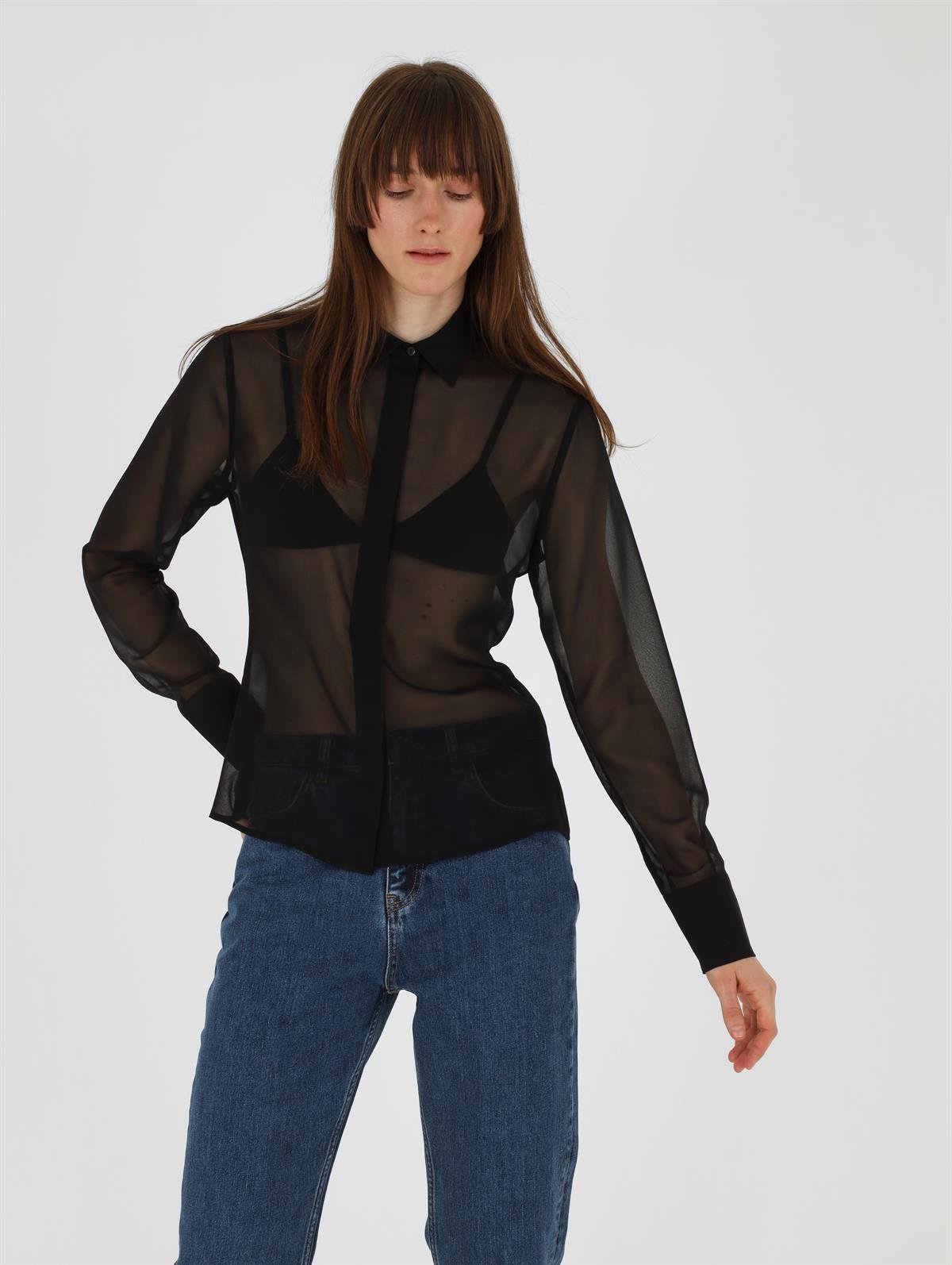 Siyah Manşet Detaylı Şifon Gömlek