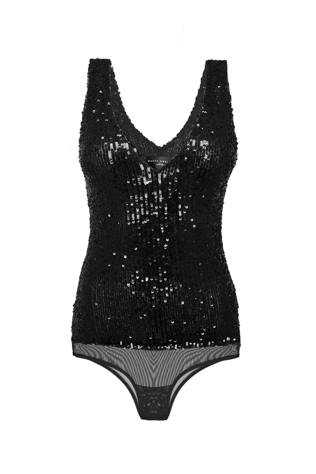 Siyah Payetli Derin V Yaka Bodysuit - Exclusive Collection