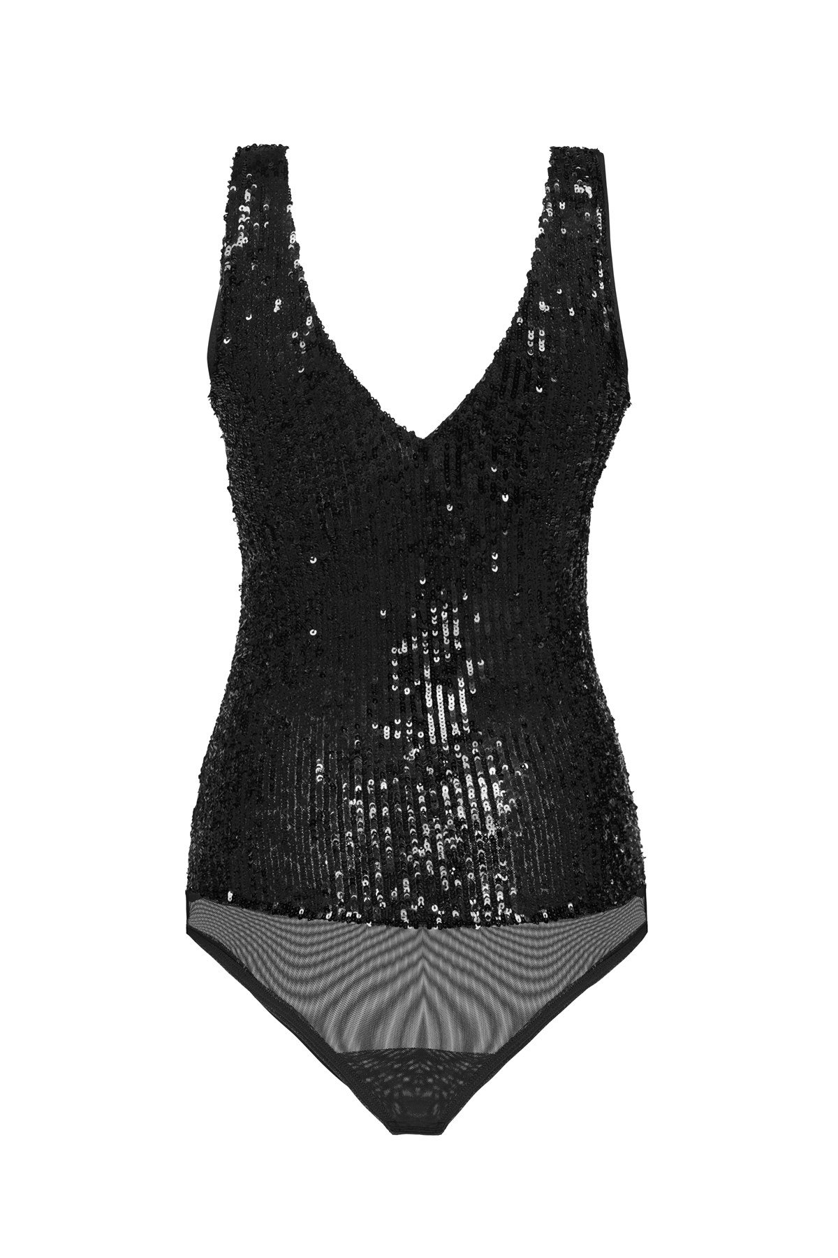 Siyah Payetli Derin V Yaka Bodysuit - Special Edition