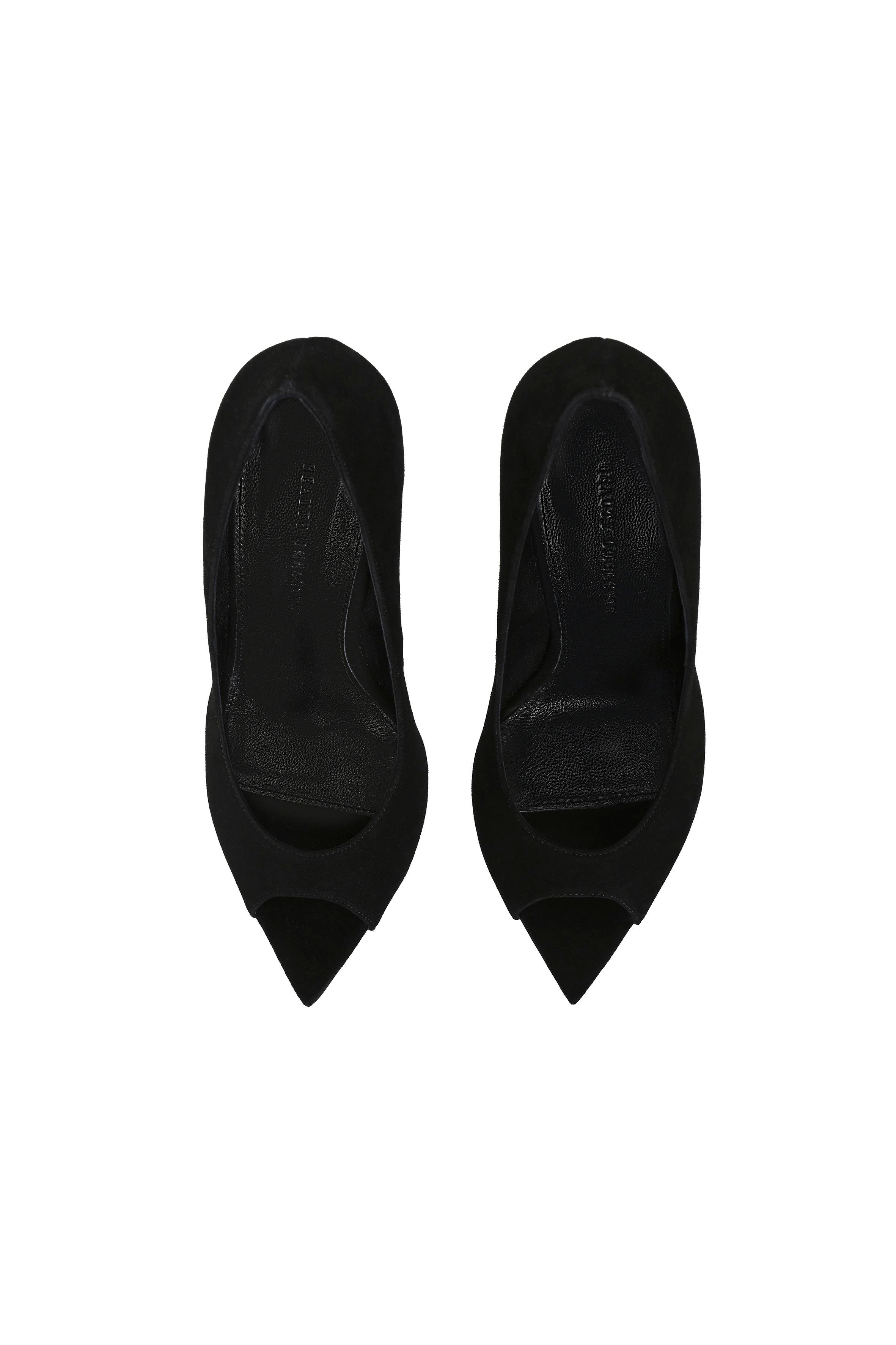 Siyah Sivri Burun Önü Açık Süet Stiletto