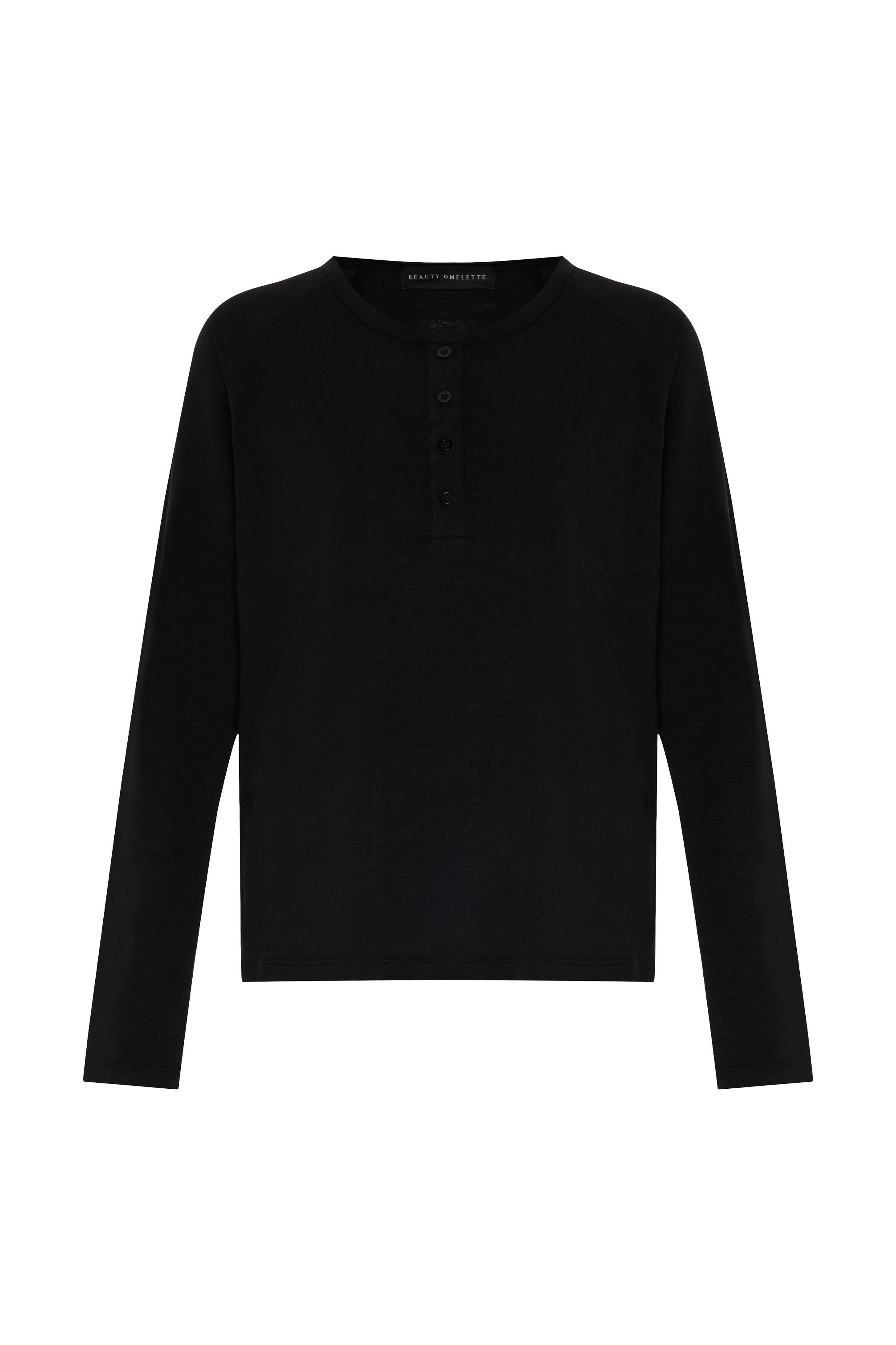 Siyah Soluk Efektli Flamlı Uzun Kol Tshirt