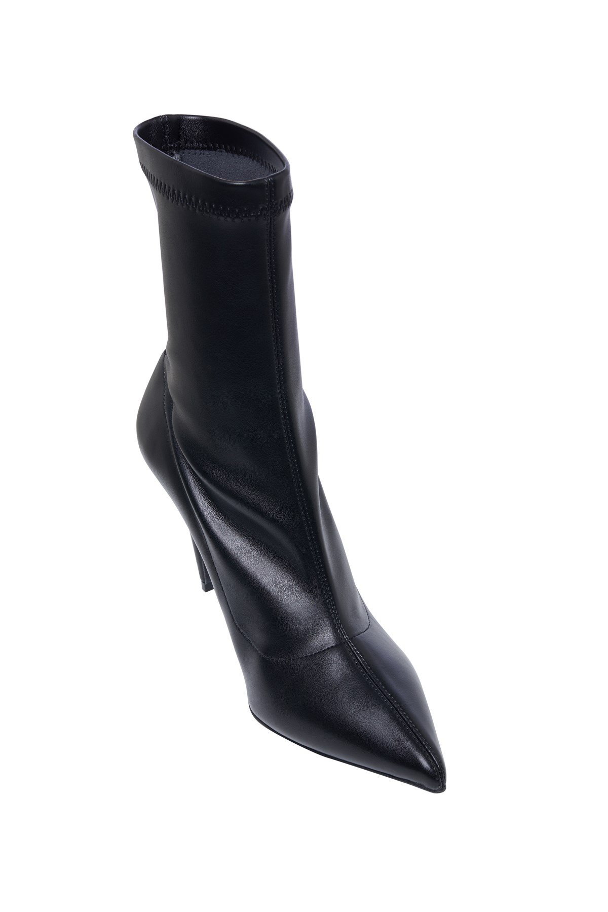 Siyah Streç Deri Sivri Burun Topuklu Bot