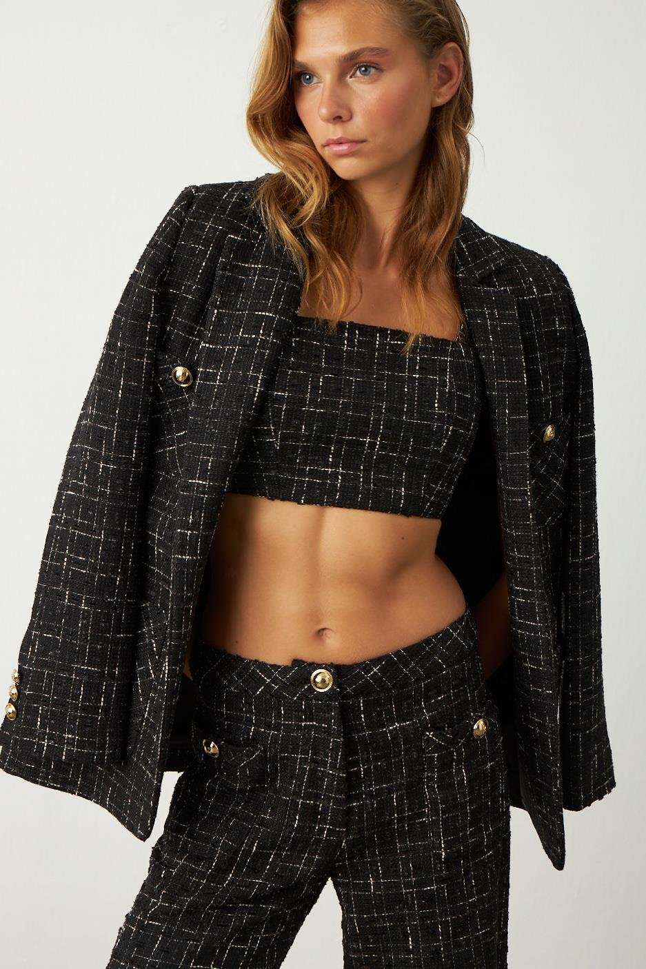 Siyah Tüvit Crop Top