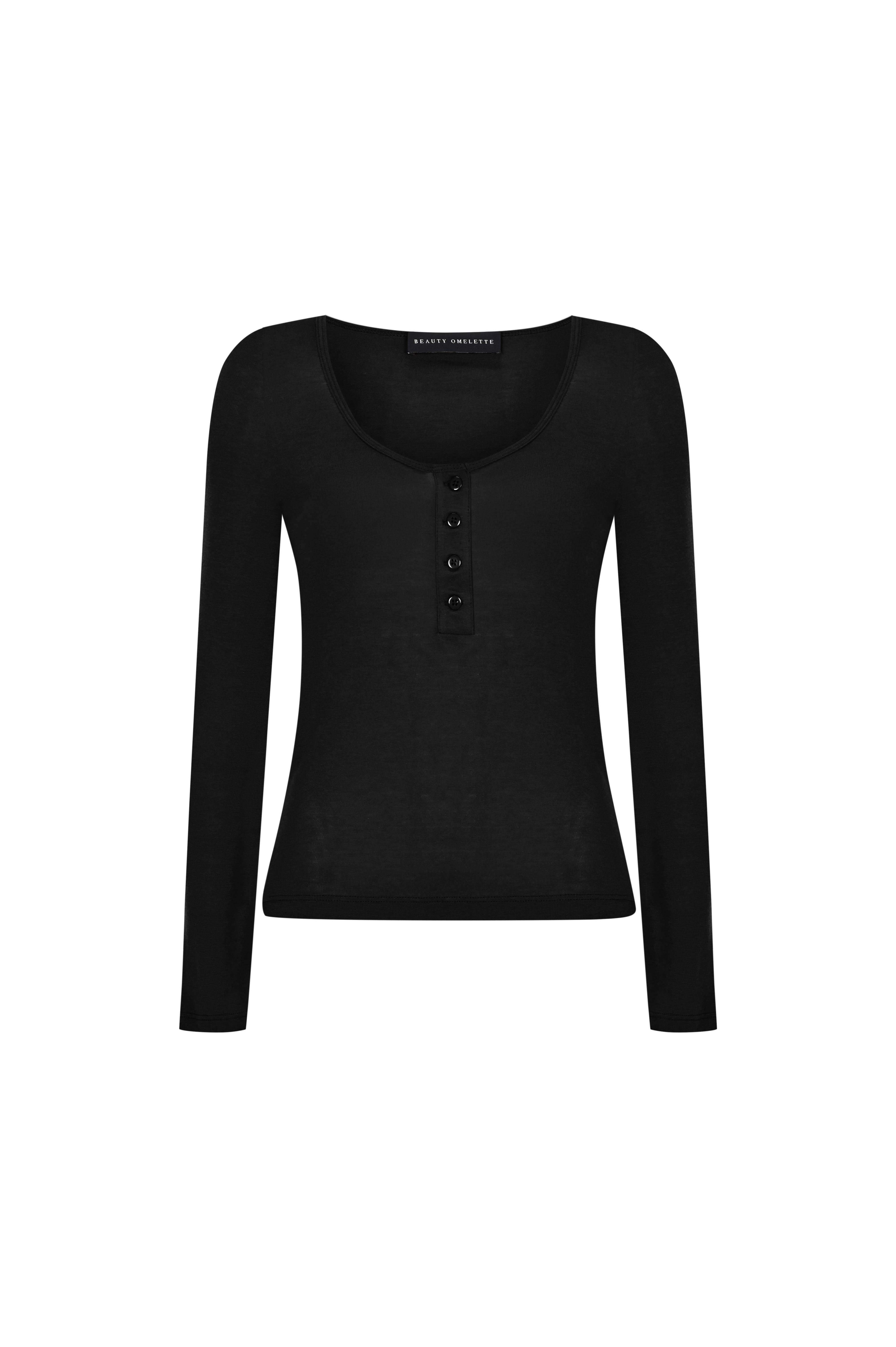 Siyah U Yaka Patlı Uzun Kol Tshirt