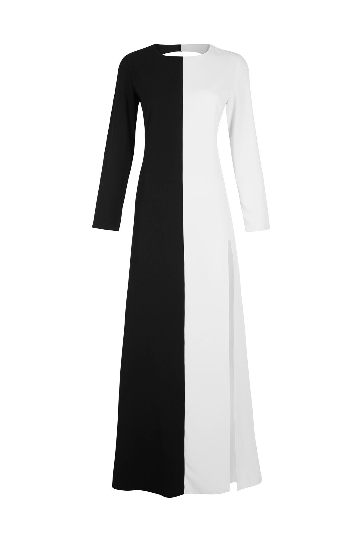Siyah/Beyaz Colorblock Derin Yırtmaçlı Uzun Elbise