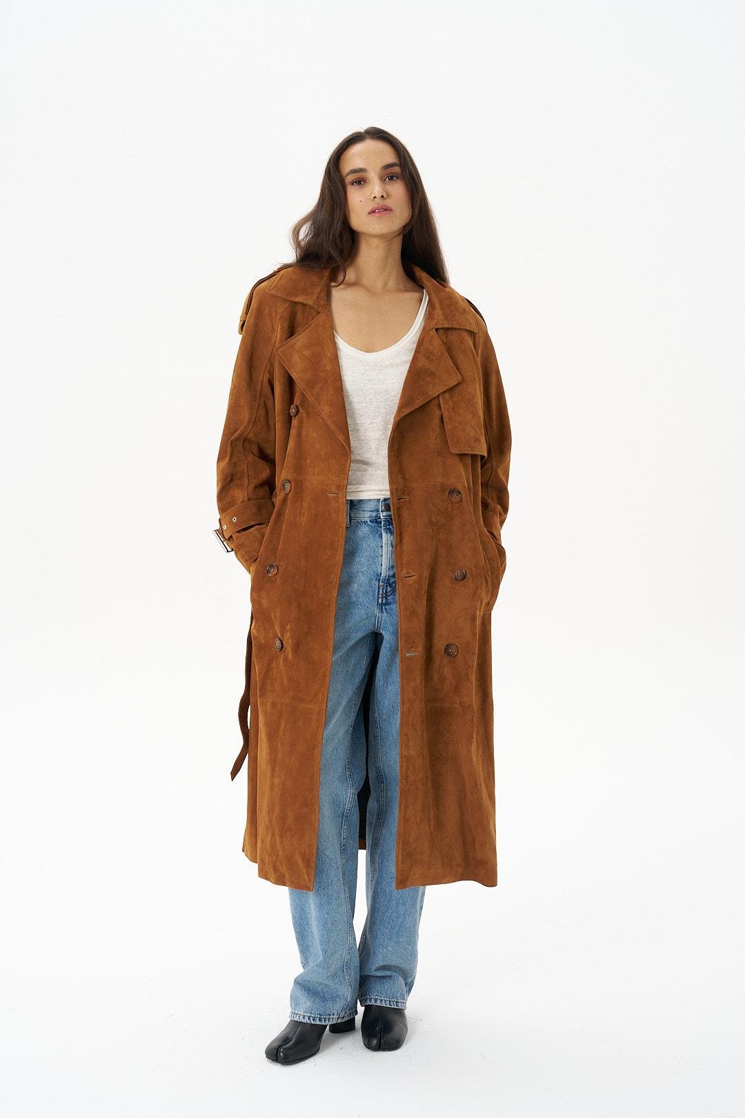 Taba Vatkalı Oversize Süet Trenchcoat