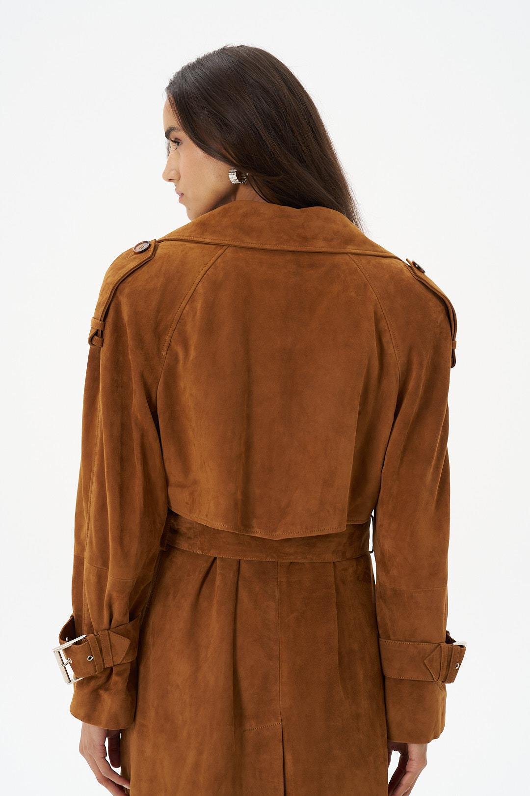 Taba Vatkalı Oversize Süet Trenchcoat