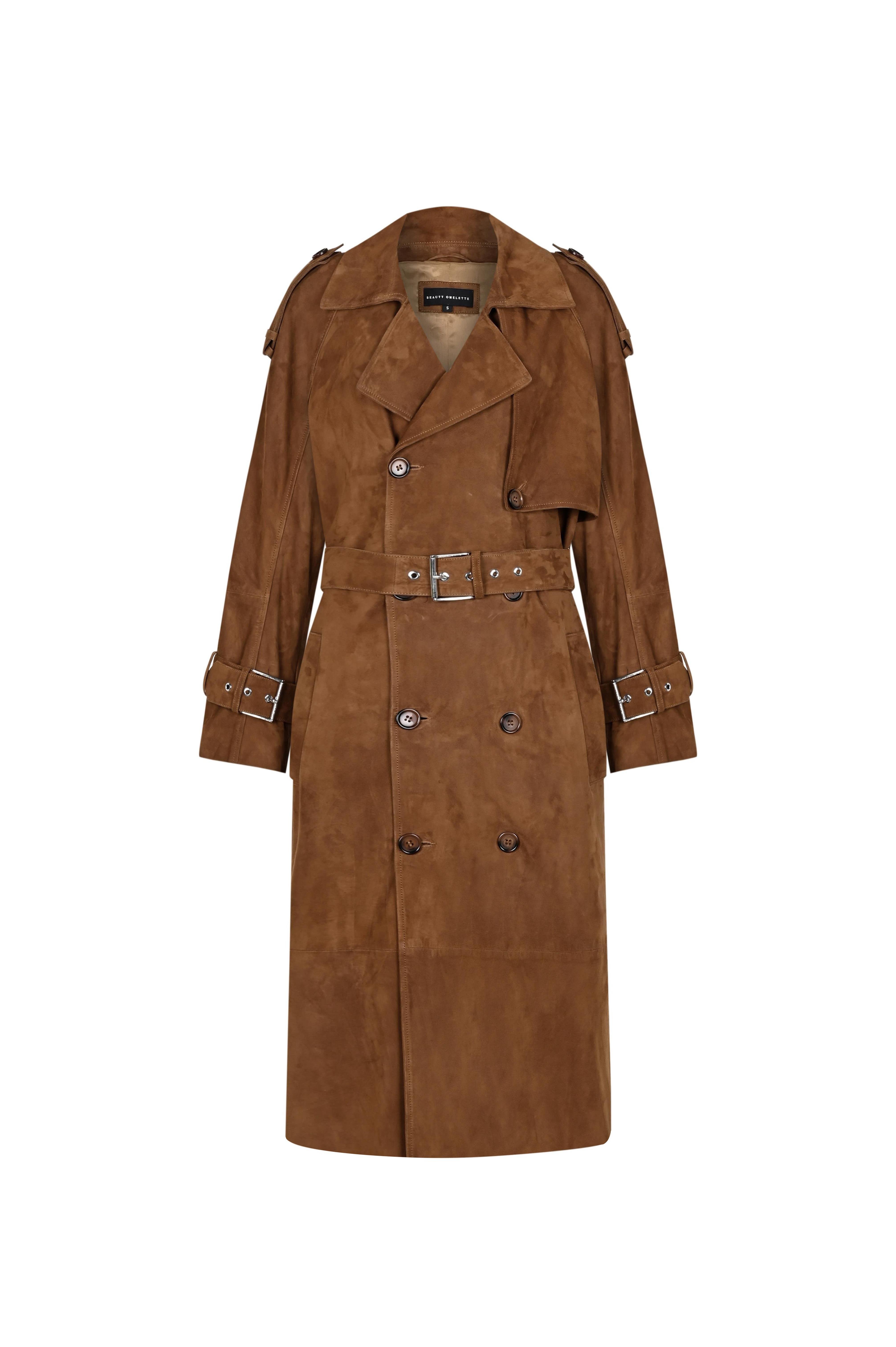 Taba Vatkalı Oversize Süet Trenchcoat