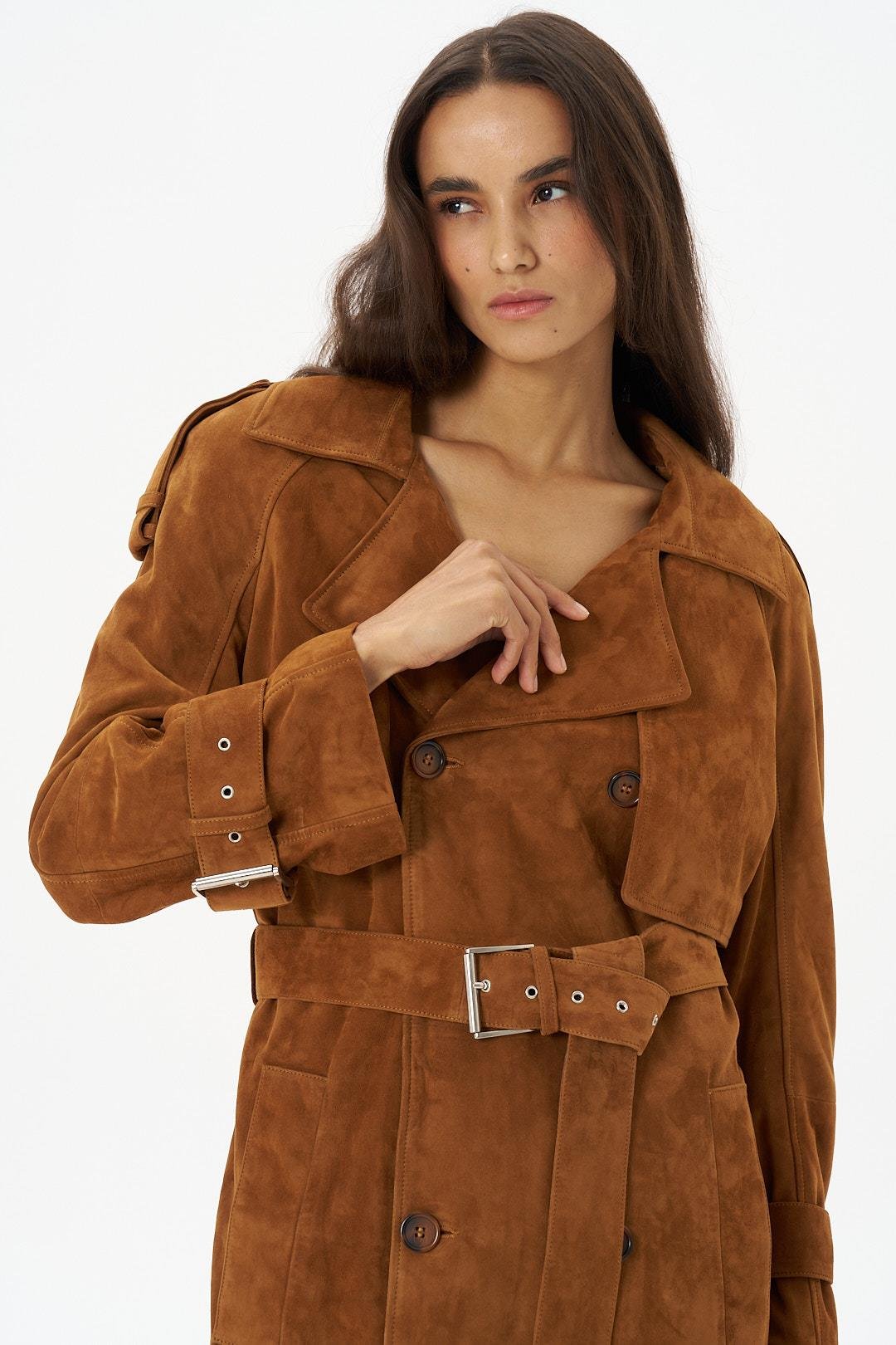 Taba Vatkalı Oversize Süet Trenchcoat