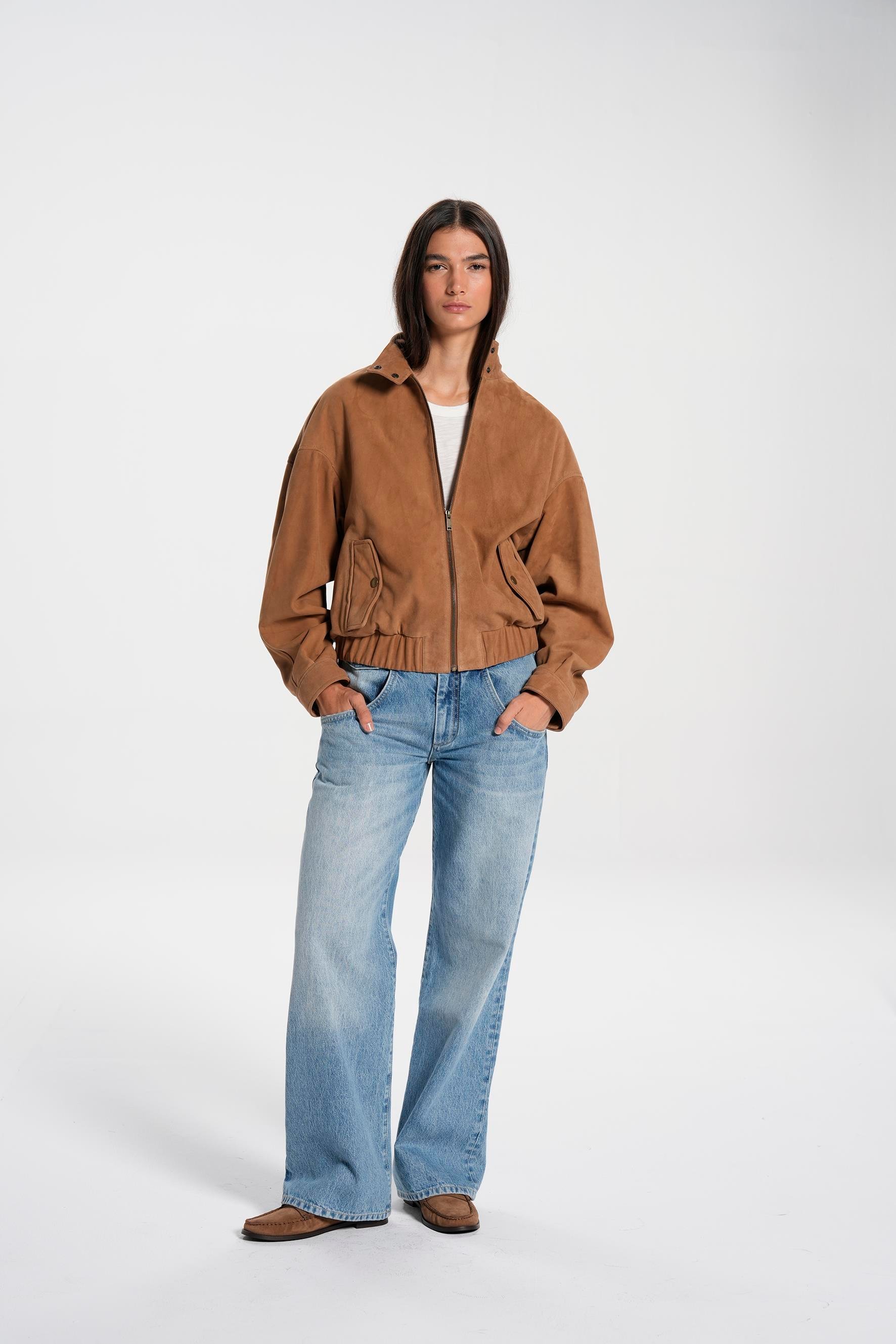 Tütün Dik Yaka Bomber Süet Ceket