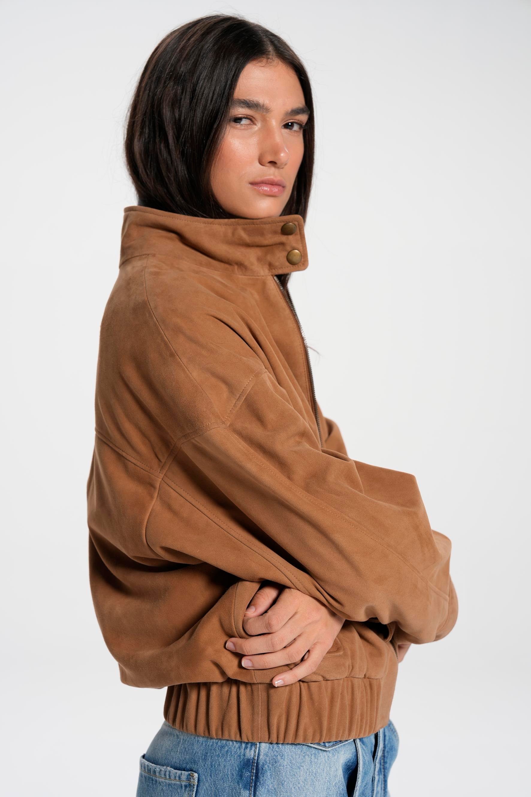 Tütün Dik Yaka Bomber Süet Ceket