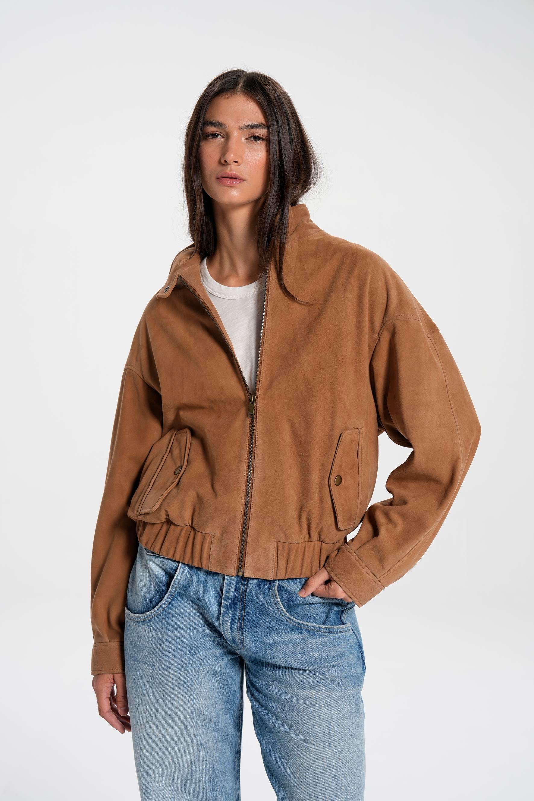 Tütün Dik Yaka Bomber Süet Ceket